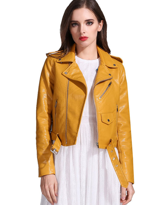 LY VAREY LIN Women's Faux Leather Motorcycle Jacket PU Slim Short Biker Coat (M, Yellow)