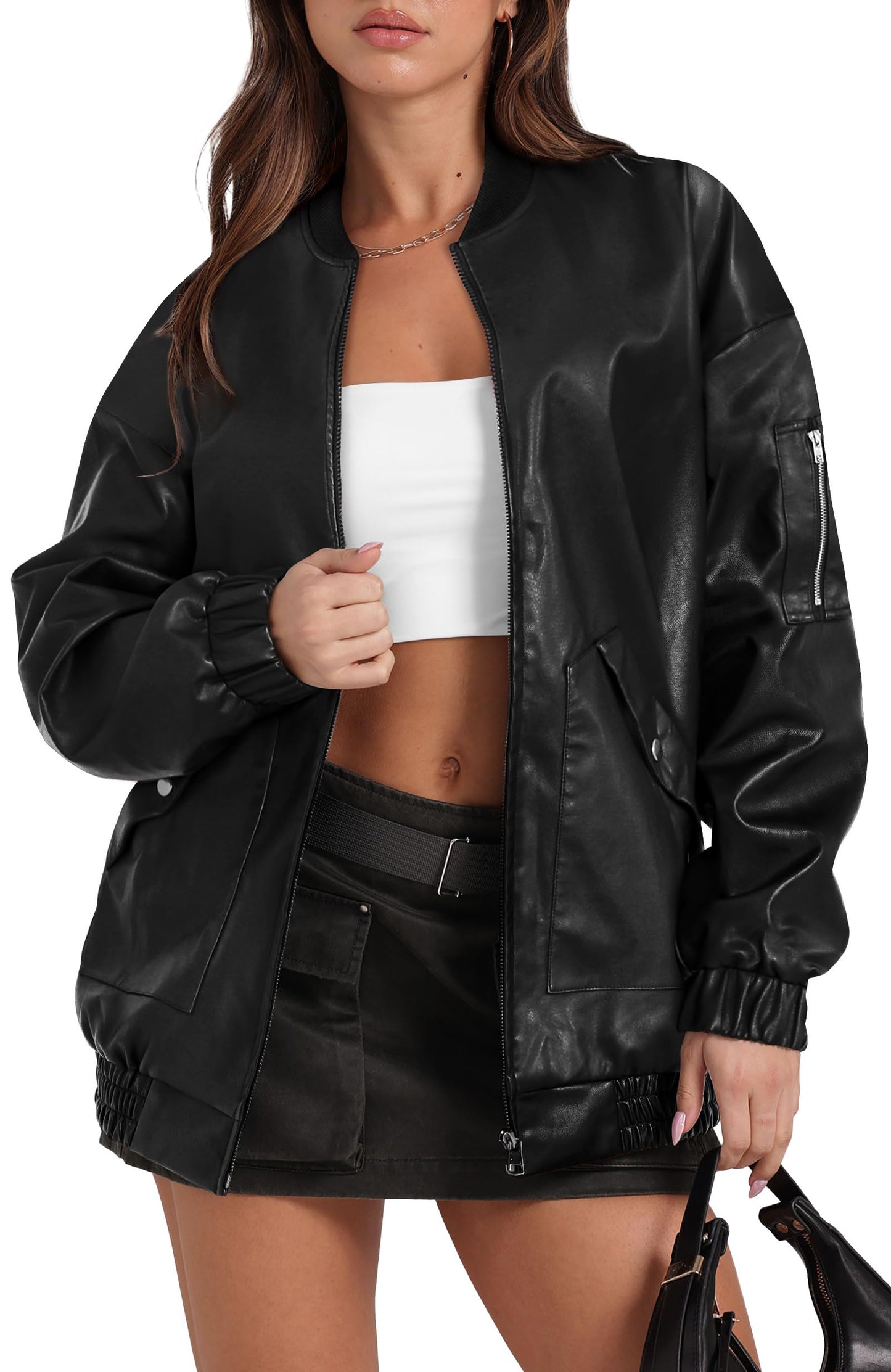 Sampeel Leather Jacket Women Faux Oversized Motorcycle Bomber Coats 2025 Fall Fashion Clothing Winter Outfits Black L
