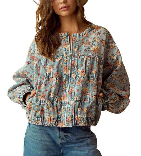 chouyatou Women Spring Fall Oversized Jean Jacket Trendy Lightweight Y2K Floral Denim Bomber Jacket Coat (Medium, Floral Blue)
