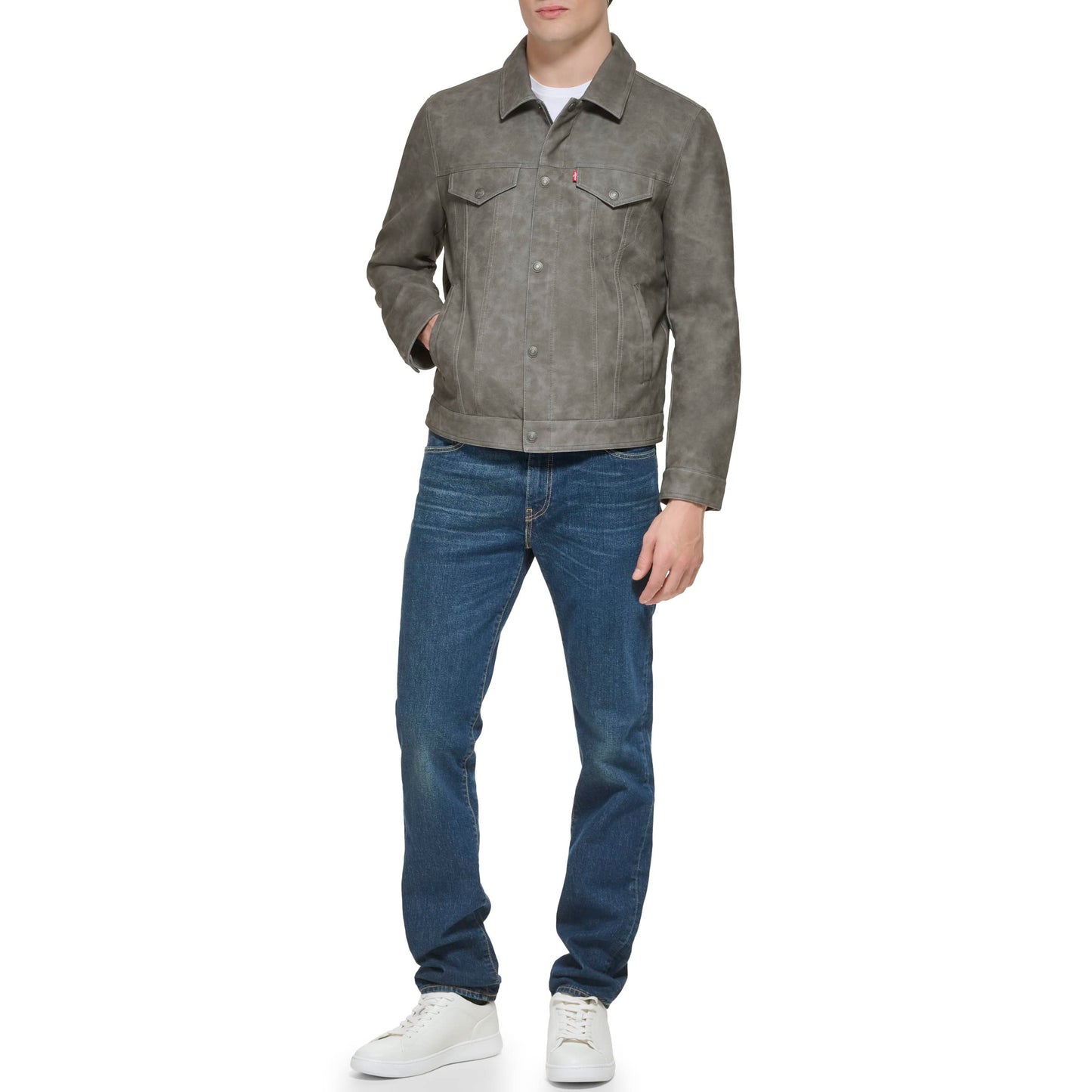 Levi's Men's Faux Leather Classic Trucker Jacket, New Light Grey, Large
