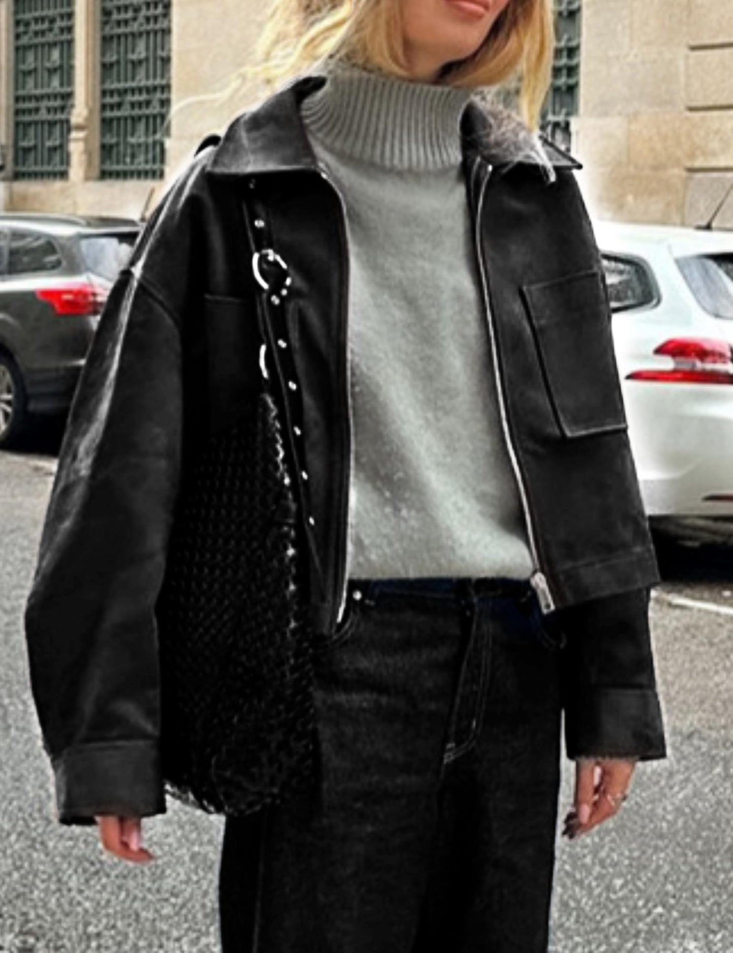 Eclisseaura Women's Long Sleeve Loose Fit Color-Blocked Collar Suede Pocket Jacket(Black-M)
