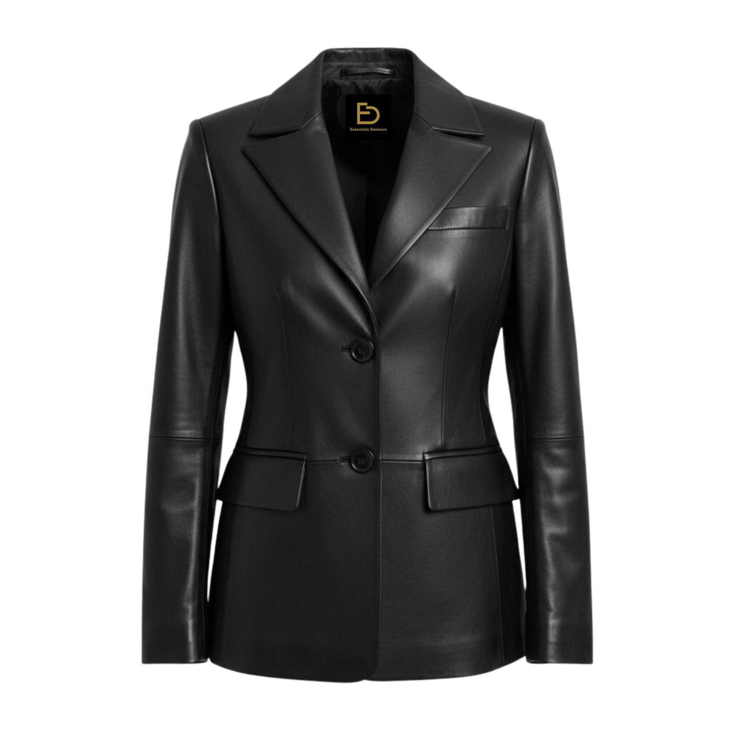 Classic Black Real Leather Blazer Jacket Women Tailored Two Button Closure Notch Lapel Structured Fit Smart Casual Style (US, Alpha, Large, Regular, Regular, Black)