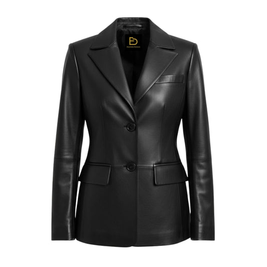 Classic Black Real Leather Blazer Jacket Women Tailored Two Button Closure Notch Lapel Structured Fit Smart Casual Style (US, Alpha, Large, Regular, Regular, Black)
