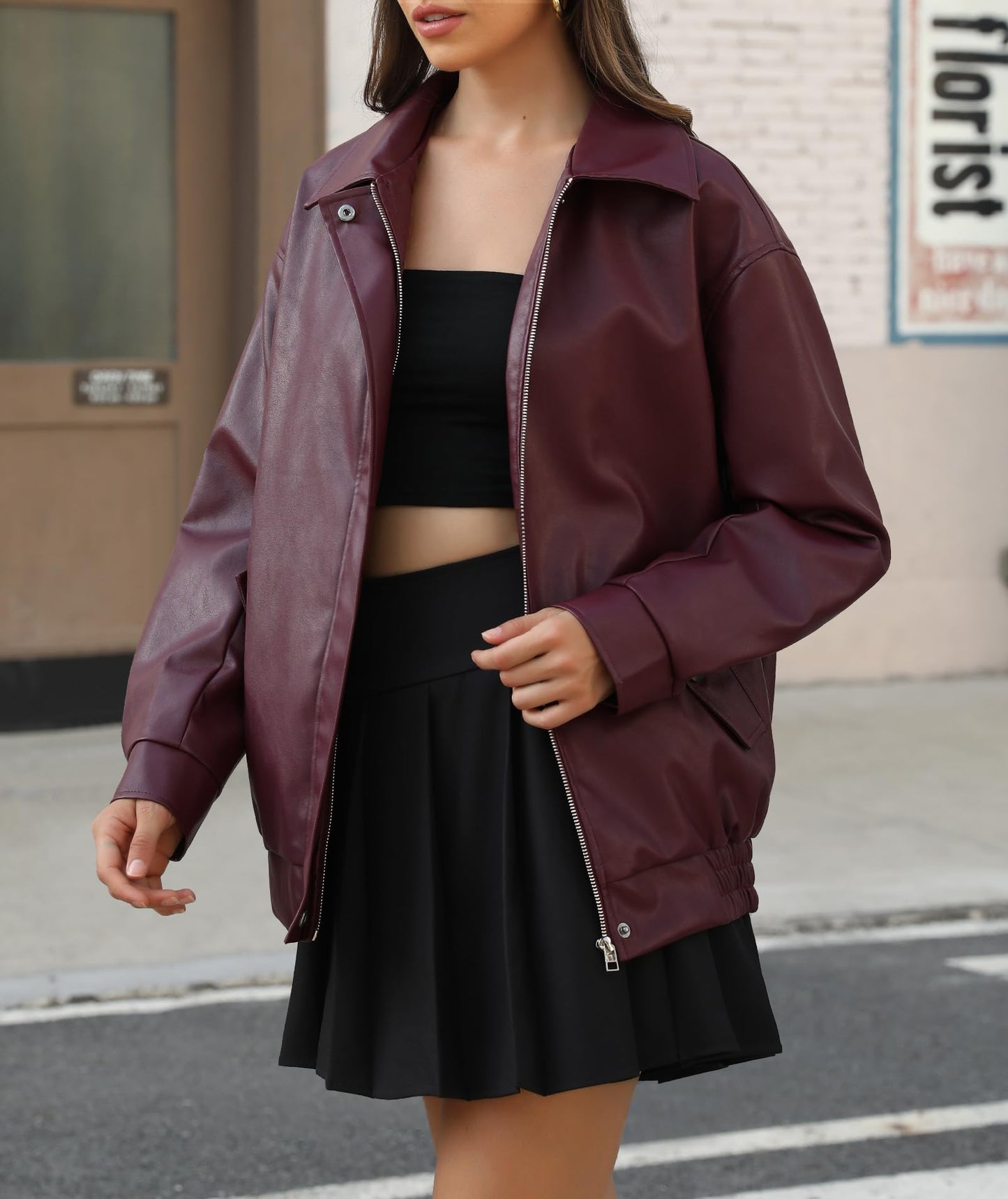 Casly Lamiit Faux Leather Jacket Women 2025 Trendy Motorcycle Oversized Coats Zip Up Bomber Jackets Casual Fashion Outfits Burgundy S