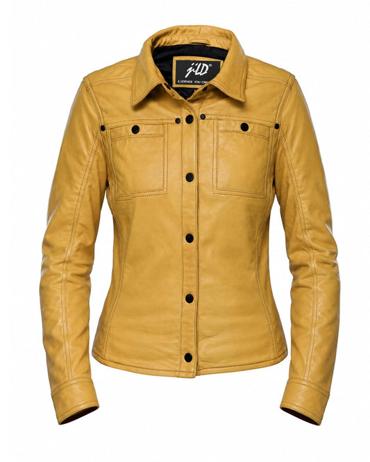 Jild Womens Button Front Lambskin Leather Jacket Shacket - Casual Shirt Long Sleeve Leather Jacket Women with Bust Pocket (Yellow-L)