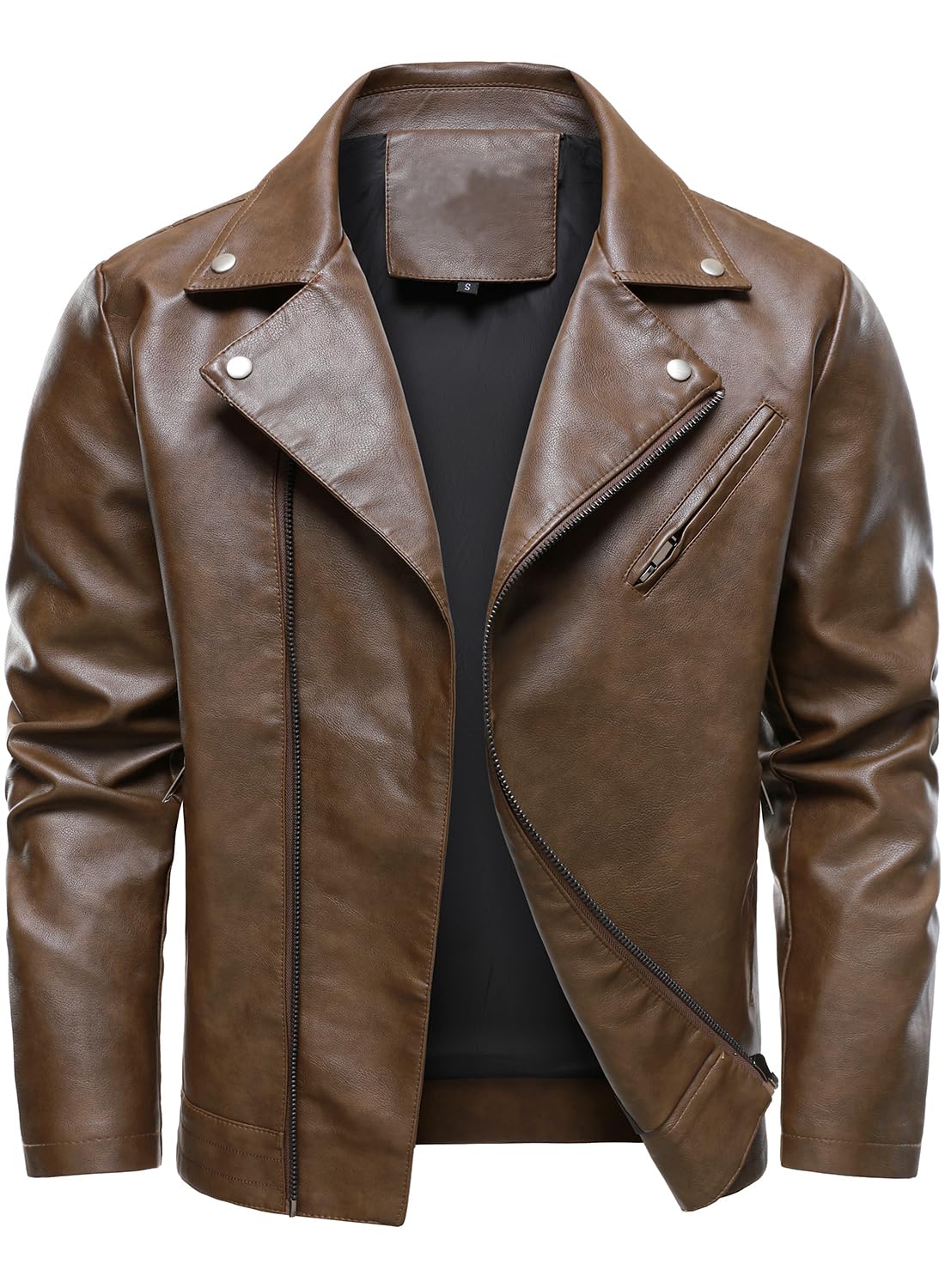 HOOD CREW Men’s Faux Leather Jacket Cool Motorcycle Lapel Biker Jackets Zip Up Riding Coat Brown L