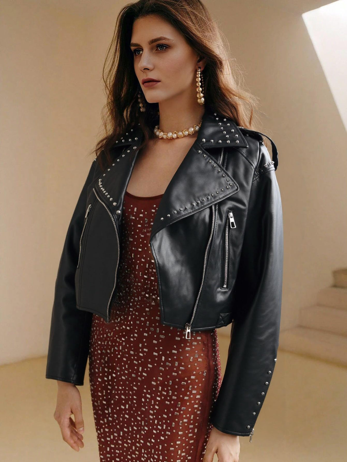 Bellivera Women's Cropped Faux Leather Jacket Bomber PU Moto Coat Black 3L