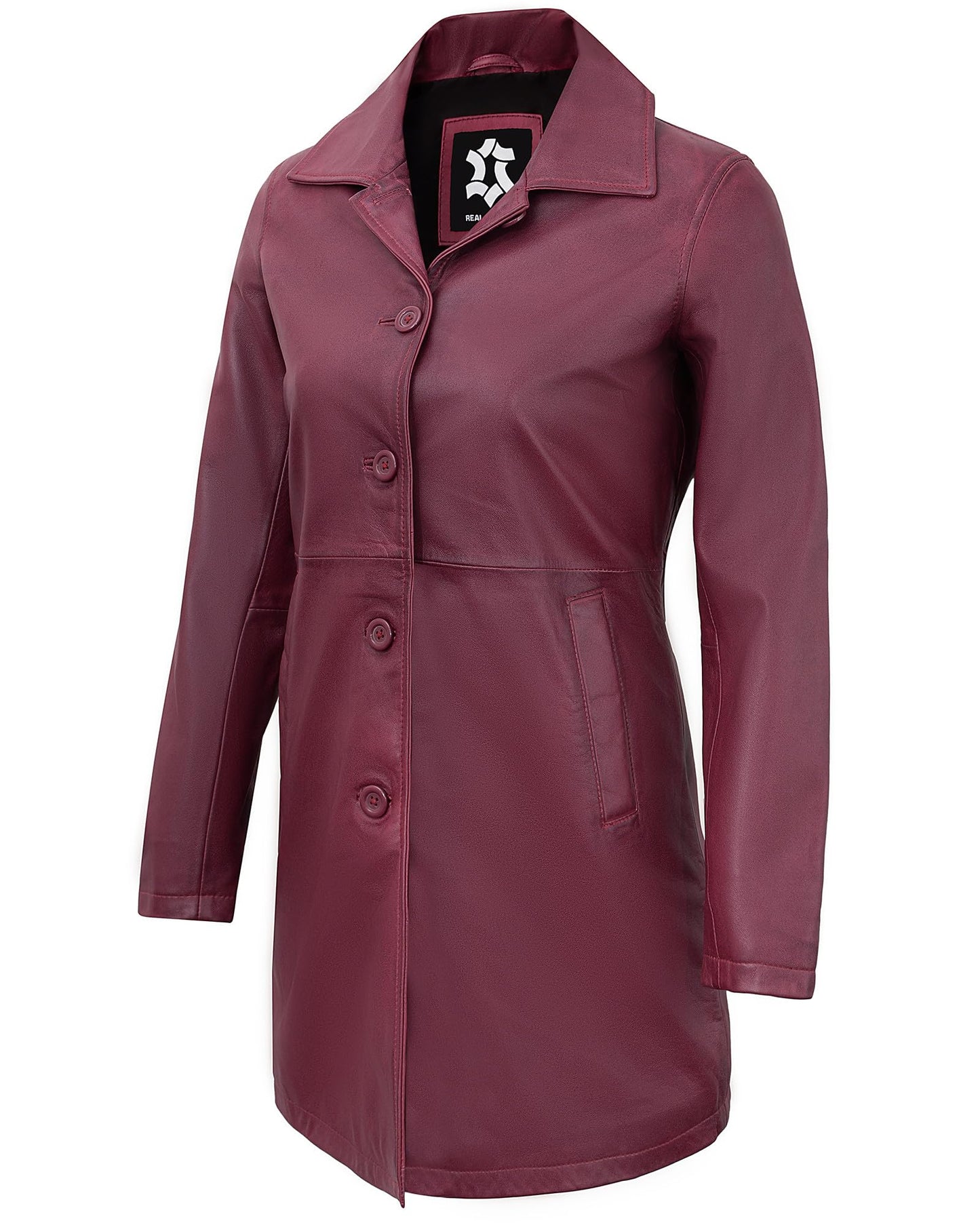 UrbanFocal Maroon Long Leather Jacket Women - Casual Womens Leather Coat | [101009106] Angla Maroon, 2XL