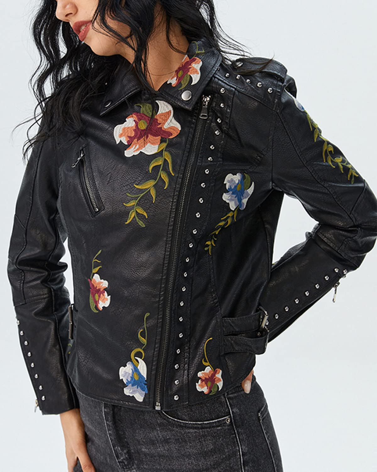 YILANUOYI Women's Embroidered Studded Faux Leather Jacket Moto Punk Jacket Floral Coat (XXL, XHPY Black)