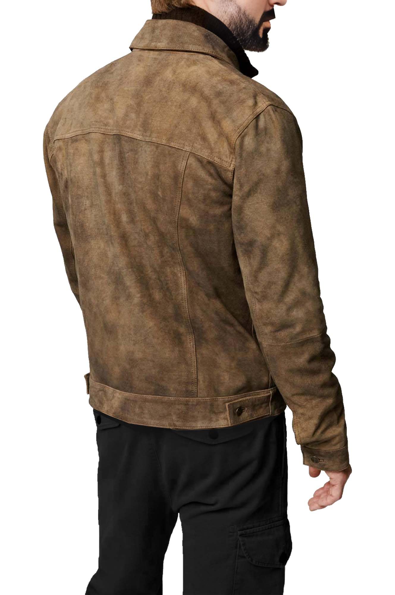 Premium Vintage Trucker Suede Leather Jacket Men Genuine Lambskin Men Leather Jackets Shirt Collar Jackets For Mens (US, Alpha, XX-Large, Regular, Regular, Khaki Suede Leather)