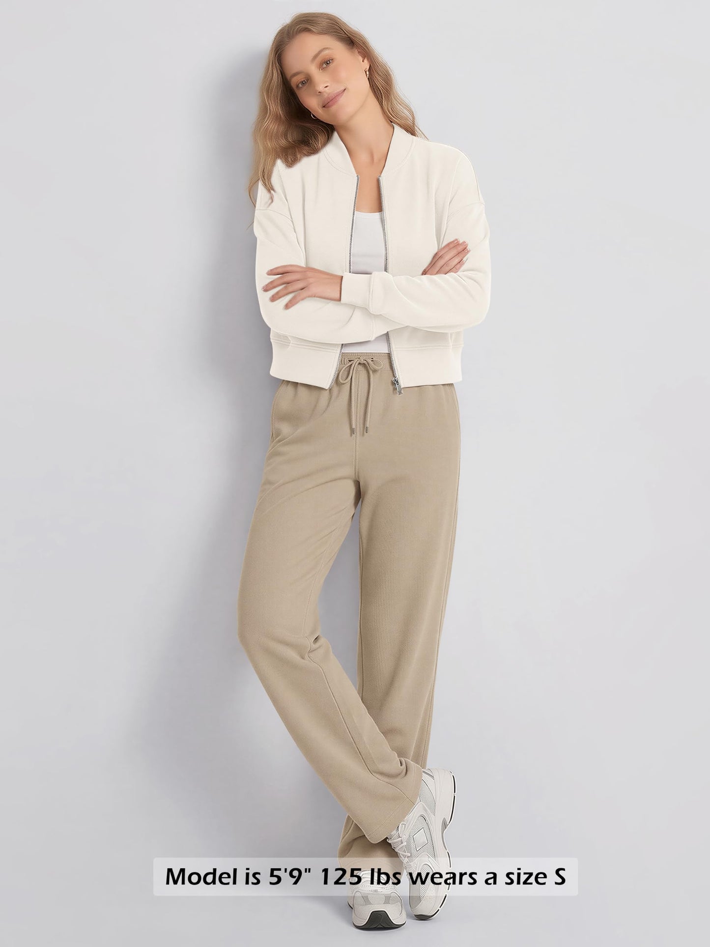 ODODOS Modal Soft Full-Zip Bomber Jacket for Women Long Sleeve Casual Fall Outfit Crop Top with Pockets, Ivory, Large