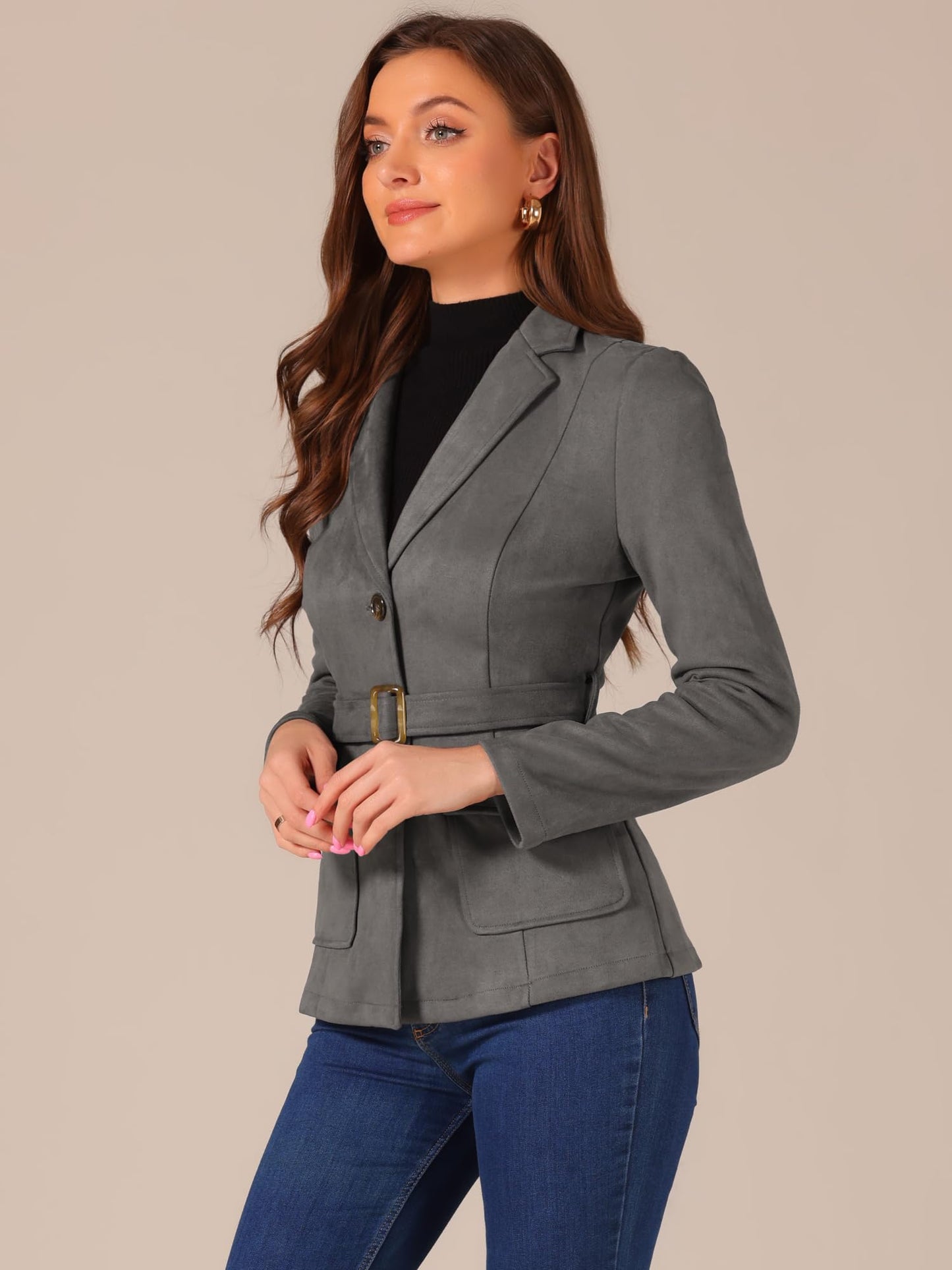 Allegra K Women's Faux Suede Blazer Belted Lapel Outwear Single Breasted Work Jacket Small Dark Grey