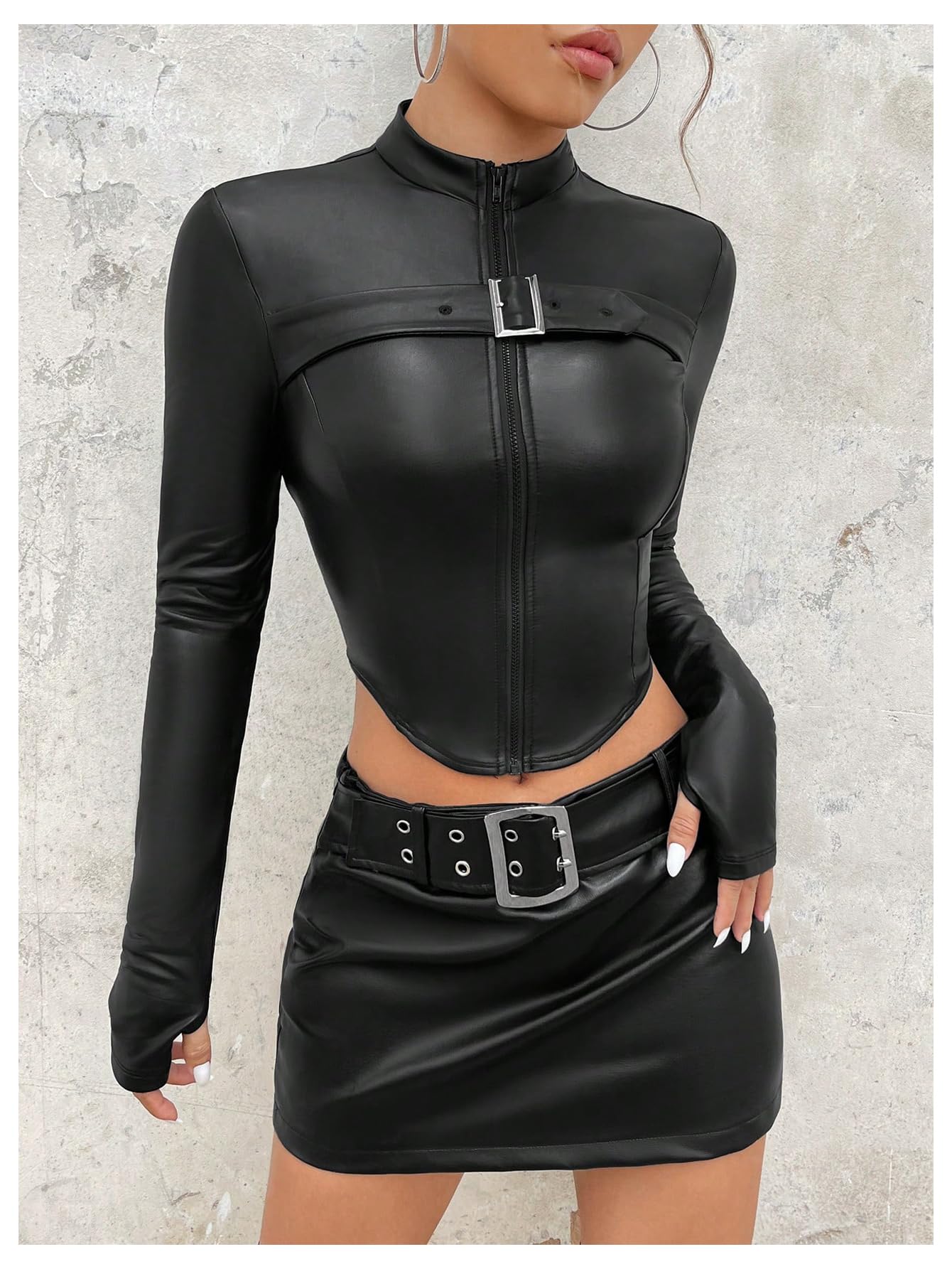 MakeMeChic Women's Leather Cropped Jacket Winter Y2K Long Sleeve Black Jacket Zip Up Outerwear Tops Black Large