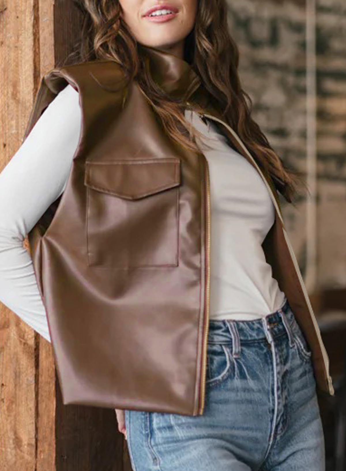 EVALESS Womens Leather Vest Fall Outfits Fashion 2025 Sleeveless Faux Leather Jacket Zip Up Stand Neck Leather Vest Top Solid Casual Clothing Coats Coffee Large