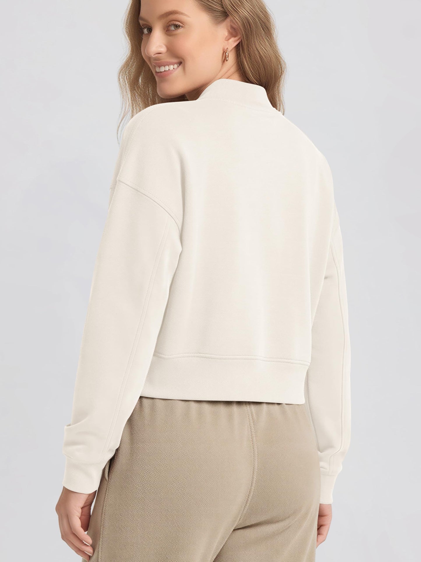 ODODOS Modal Soft Full-Zip Bomber Jacket for Women Long Sleeve Casual Fall Outfit Crop Top with Pockets, Ivory, Large
