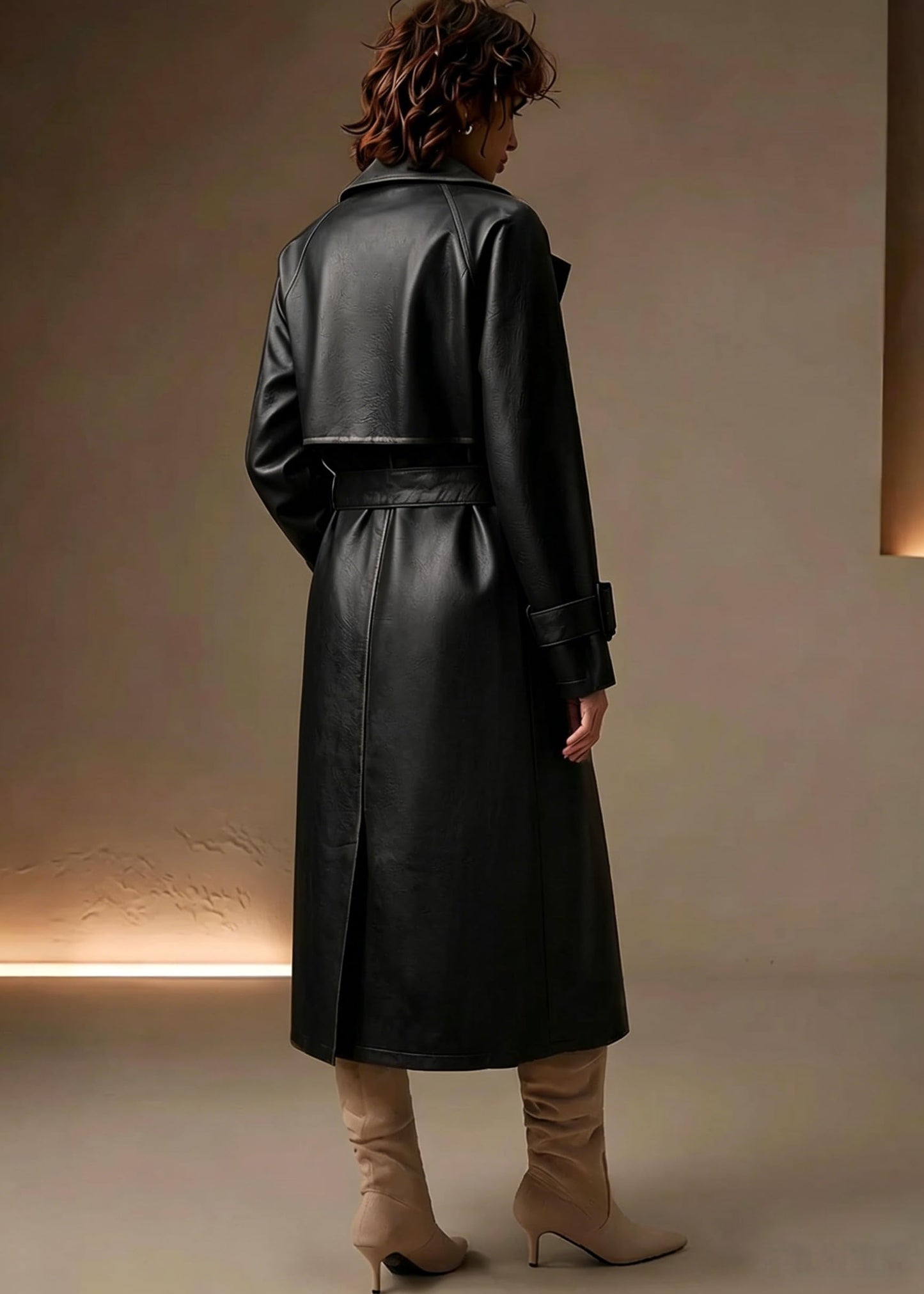 Bellivera Women Trench Coat Long Jacket Faux Leather Classic Lapel Belt Loose Overcoat 2225 Black S