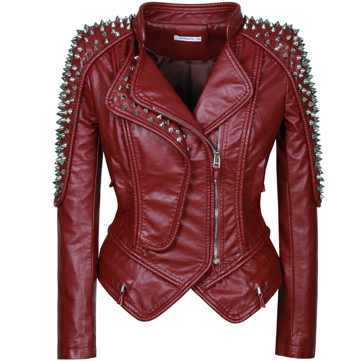 SX New Punk Rivet faux leather PU Jacket Women fashion Biker Jacket Black Slim Fit Streetwear Coat （S.Wine）