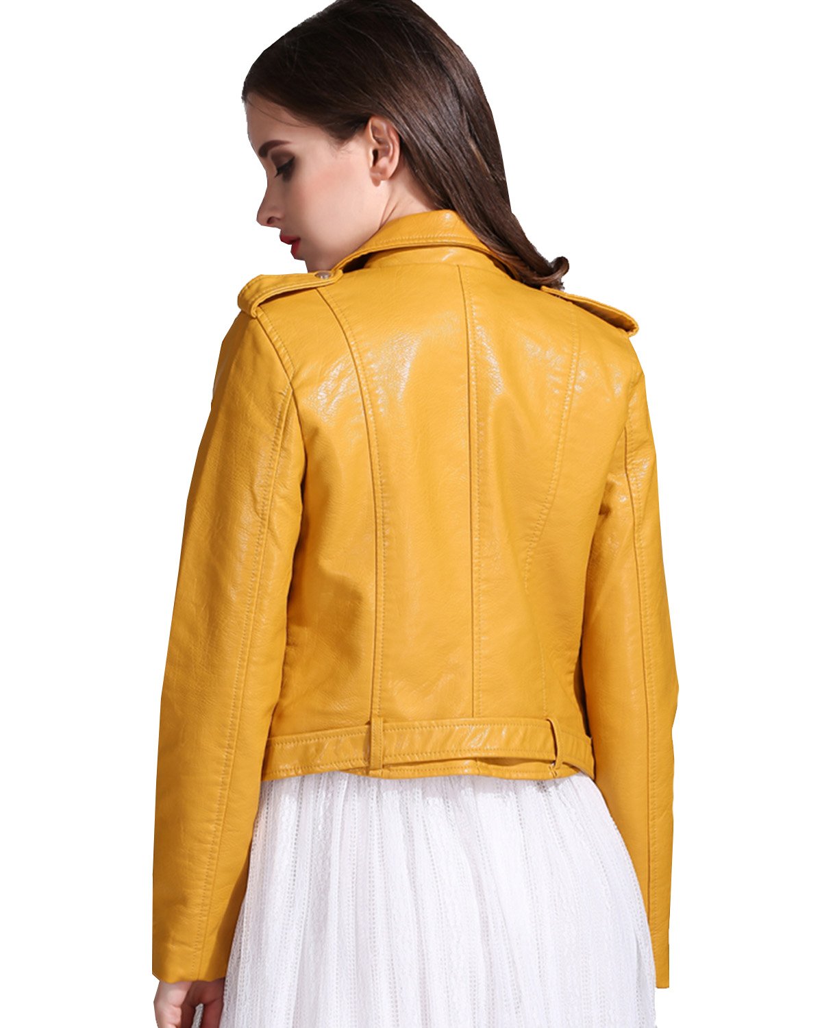 LY VAREY LIN Women's Faux Leather Motorcycle Jacket PU Slim Short Biker Coat (M, Yellow)