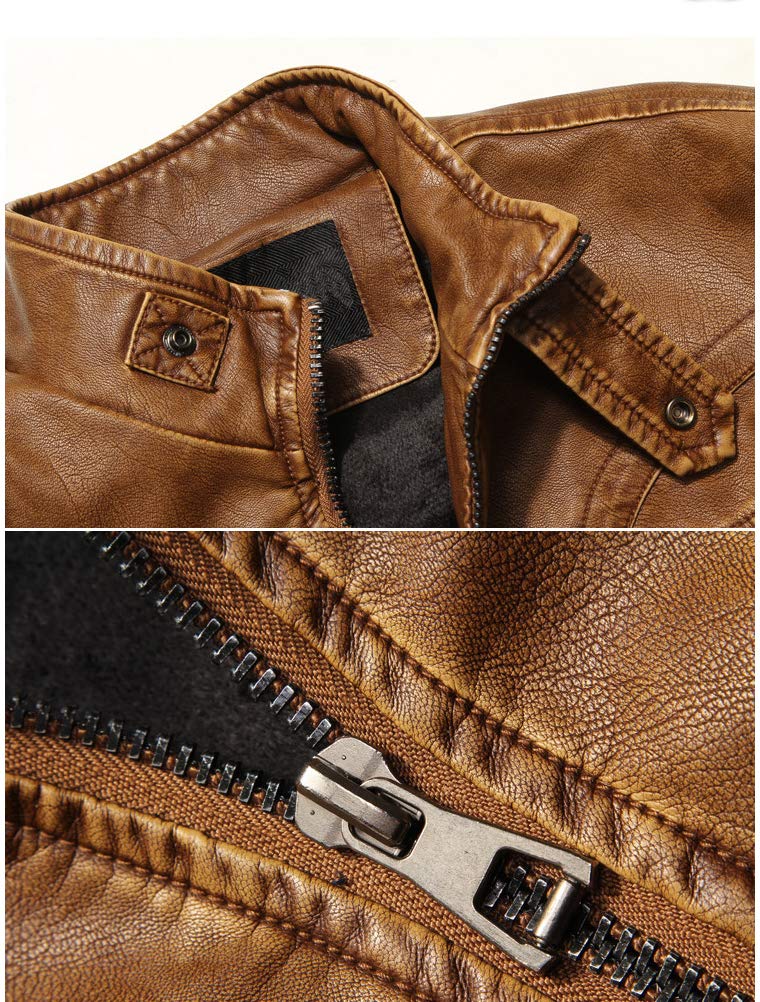 PASOK Men's Faux Leather Jacket Vintage Stand Collar Motorcycle PU Leather Outwear Coat Brown L