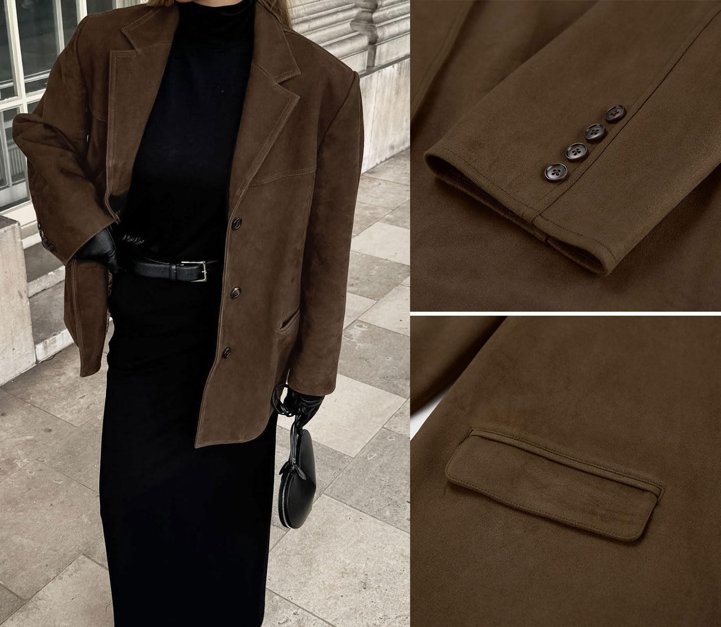 loveimgs Women Retro Brown Faux Suede Jacket Leather Blazer Coat Old Money Aesthetic Fall Jacket Bomber Y2k Oversized (Small, Brown)
