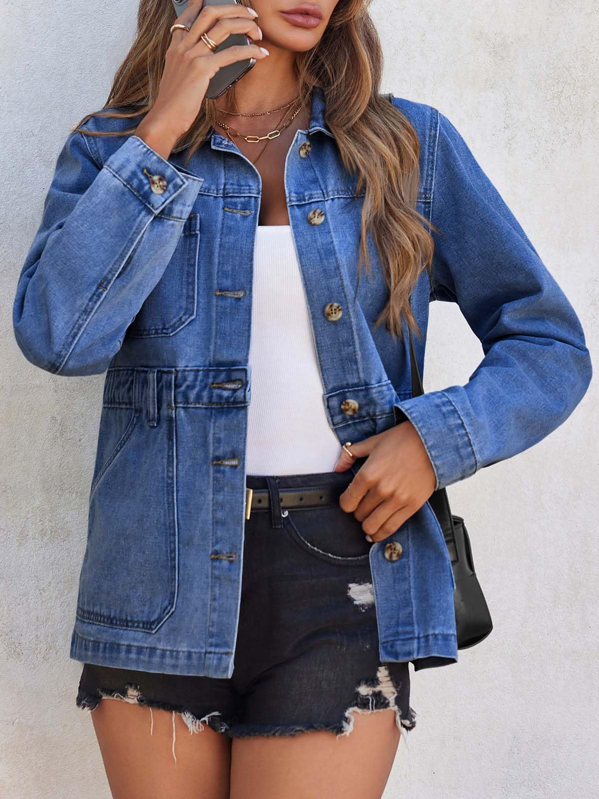 Tankaneo Womens Denim Jacket Distressed Jean Jacket Oversized Shacket