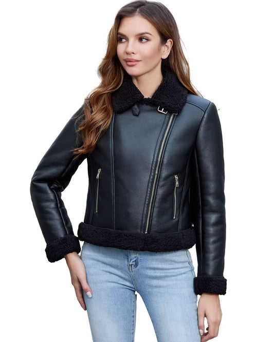 DIASHINY Women's Faux Shearing Fur Lined Coat Cropped Faux Leather Moto Sherpa Jacket Black L