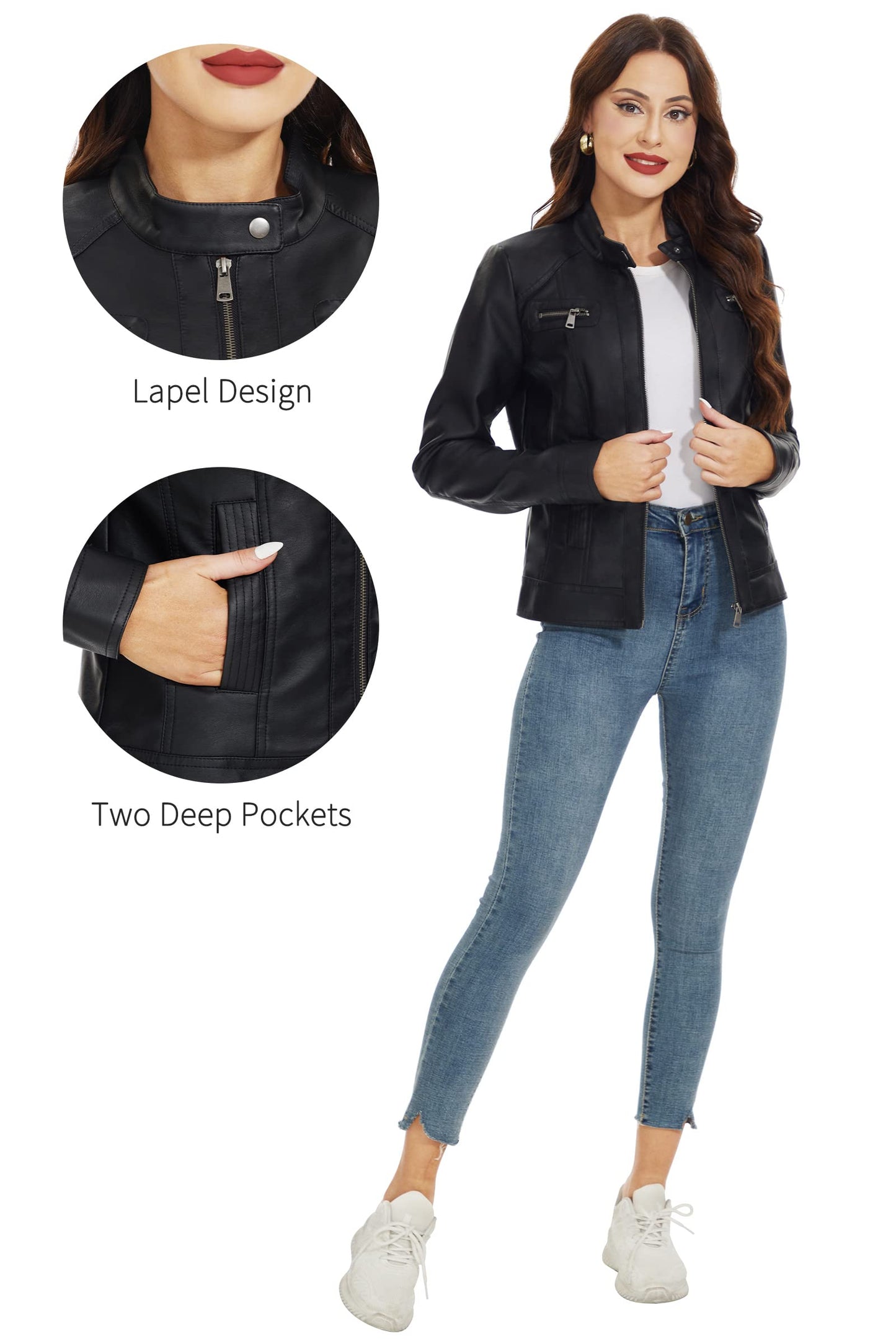 Fahsyee Women's Faux Leather Jackets, Zip Up Motorcycle Short PU Moto Biker Outwear Stand Collar Coat Size S Black