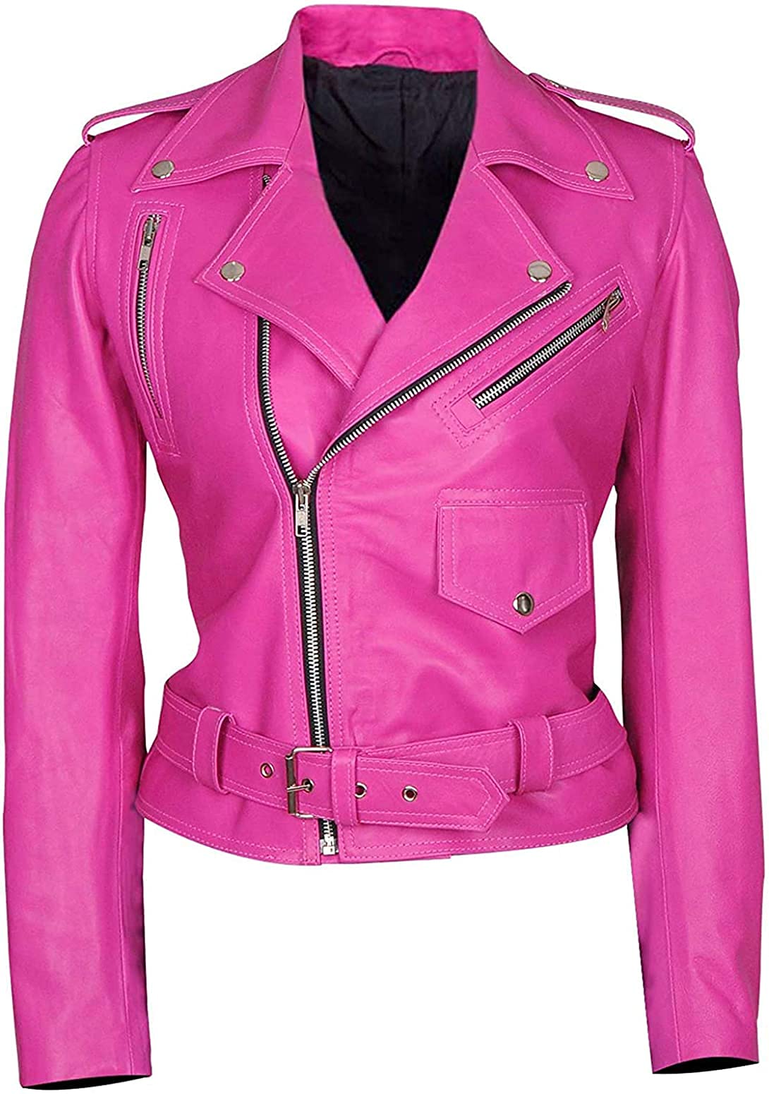 LP-FACON Womens Hot Pink Real Leather Jacket Motorcycle Brando Biker Genuine Leather Jacket