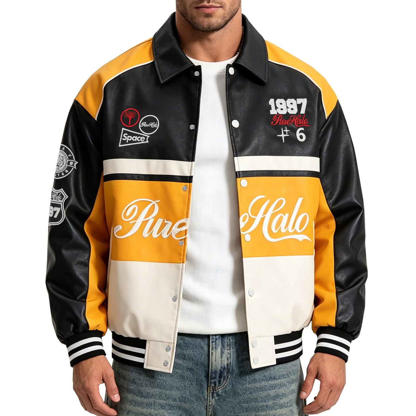 RAOENJADO Men's Racing Jacket Faux Leather Race Car Motorcycle Biker Style