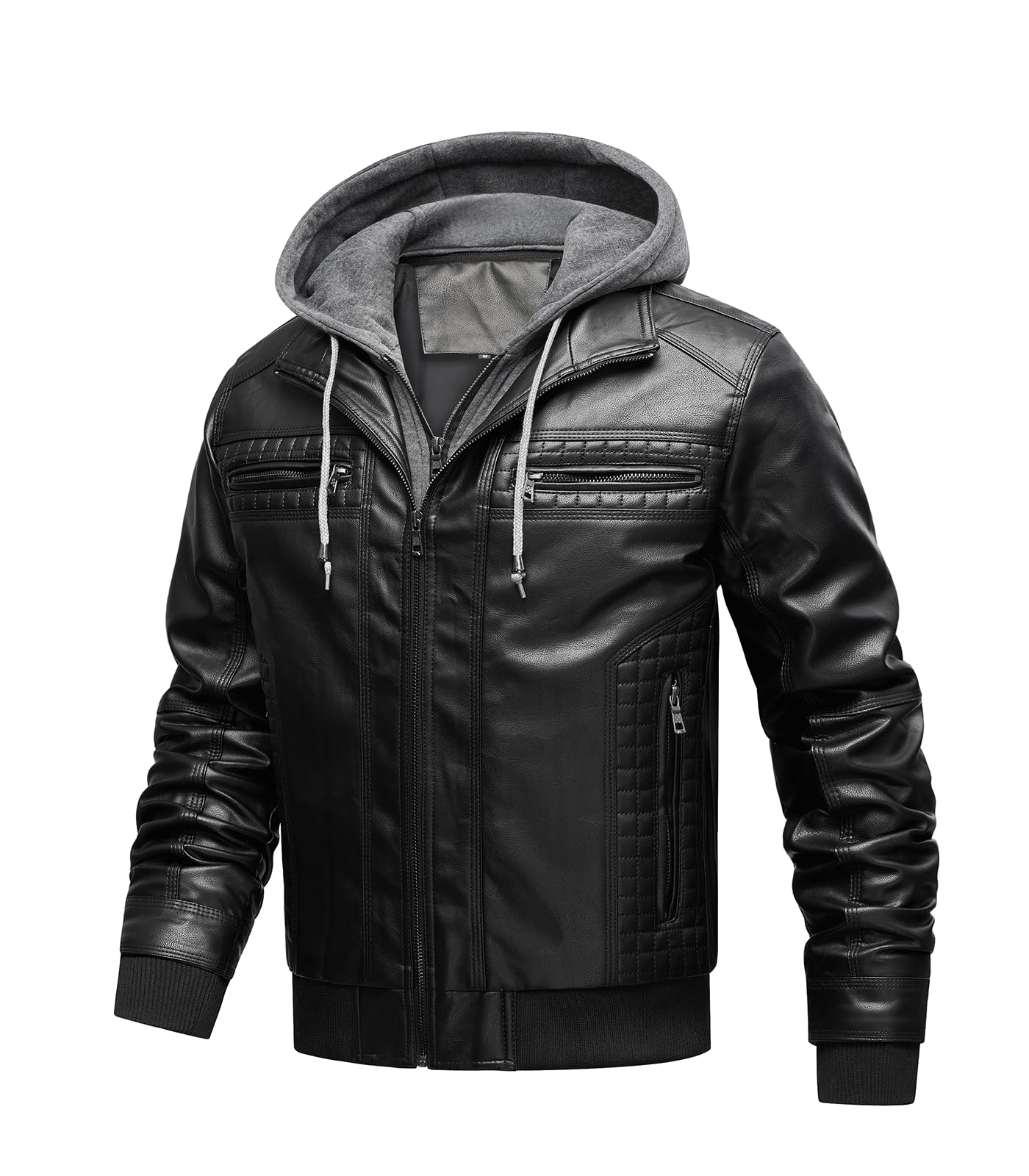 FTIMILD Men's Leather Jacket Motorcycle Jacket Windproof PU Vintage Bomber Jacket with Removable Hood