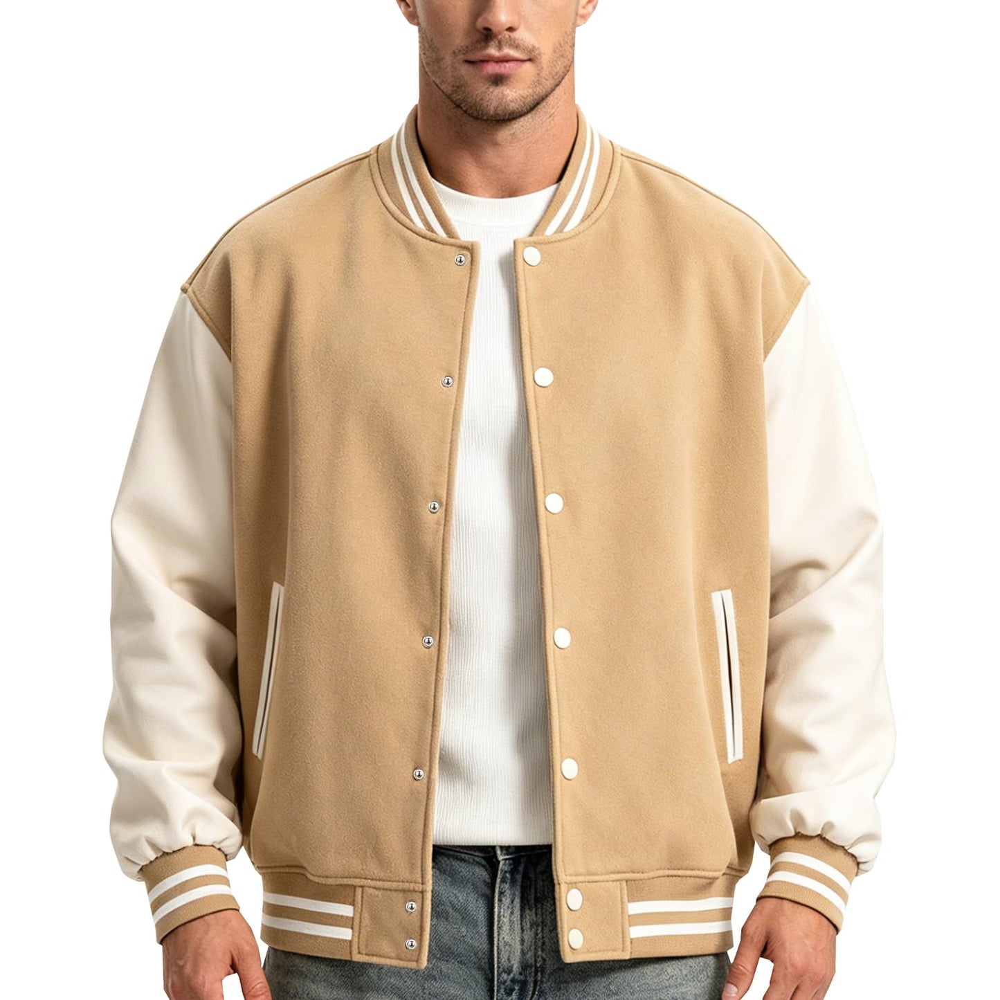 RAOENJADO Men's Varsity Jacket Letterman Bomber Faux Leather Sleeve Casual