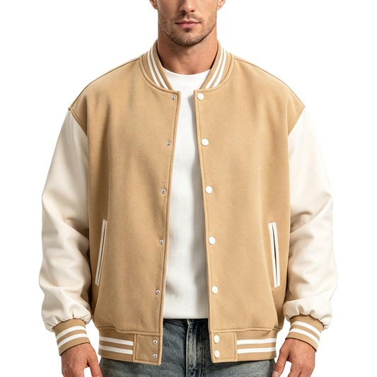 RAOENJADO Men's Varsity Jacket Letterman Bomber Faux Leather Sleeve Casual