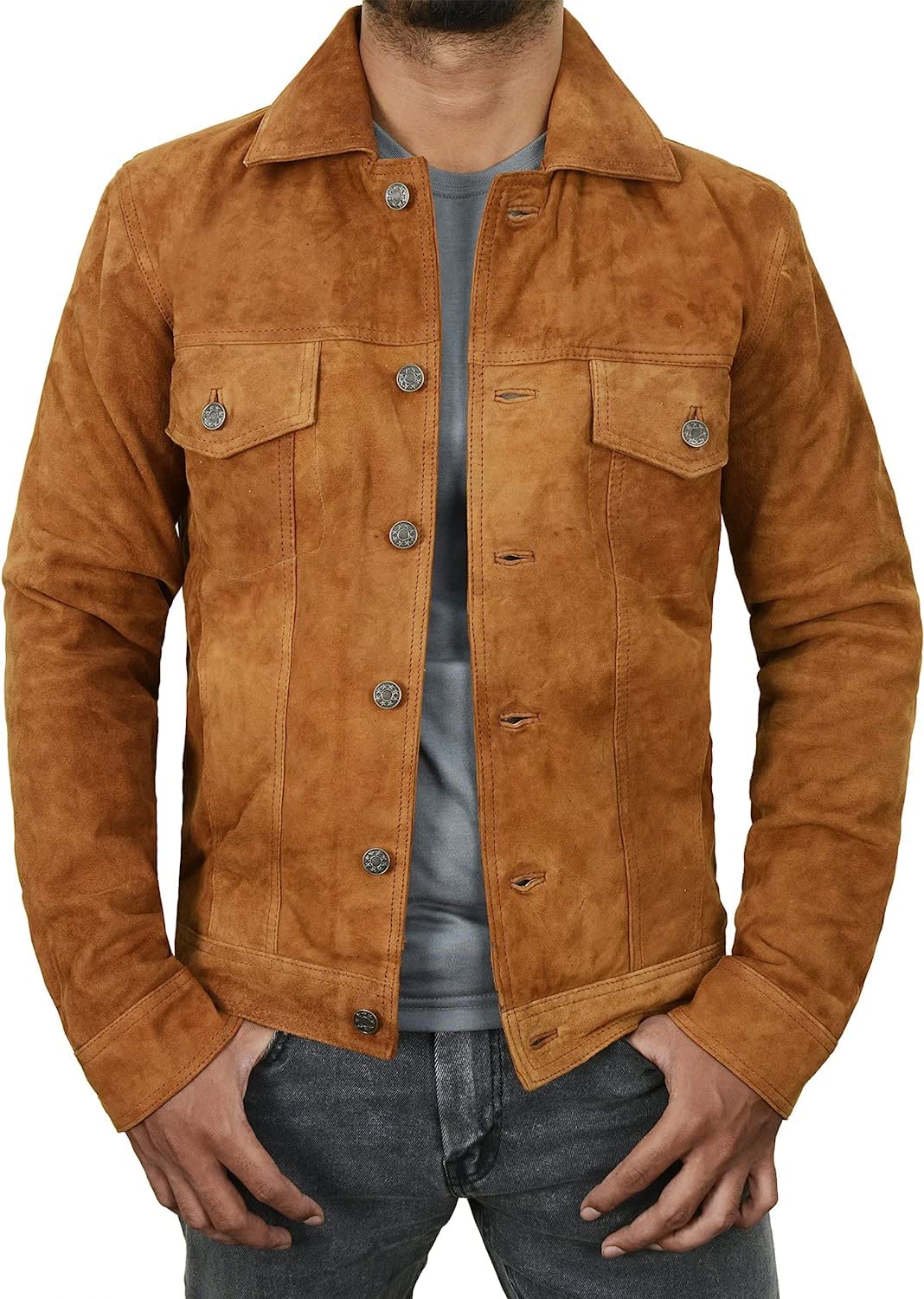 III-Fashions Mens Suede Jacket - Vintage Classic Western Trucker Coat Geniune Suede Leather Jacket (Camel Brown, M) (III-1001)