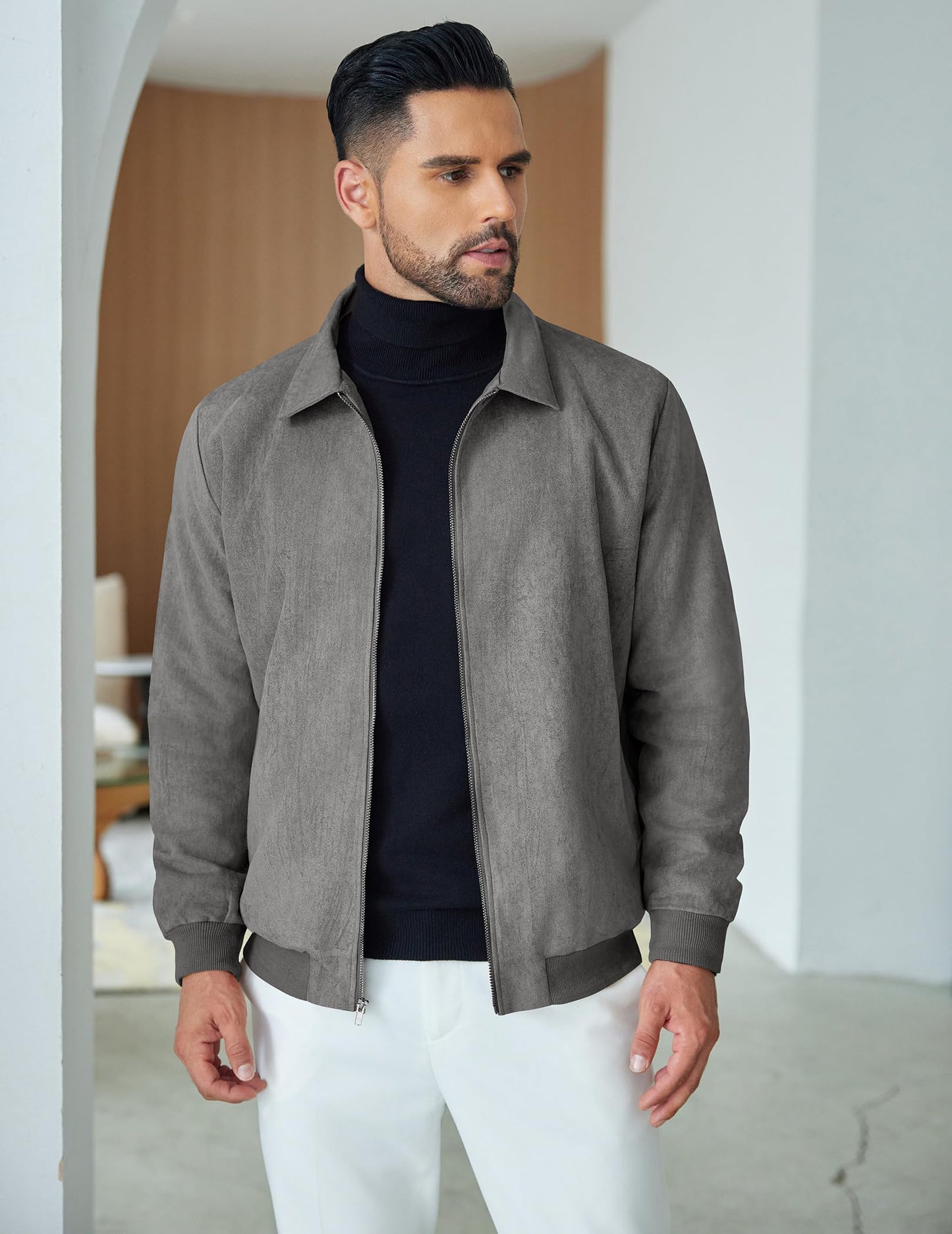 COOFANDY Mens Suede Jacket Casual Stylish Leather Bomber Jacket Lightweight