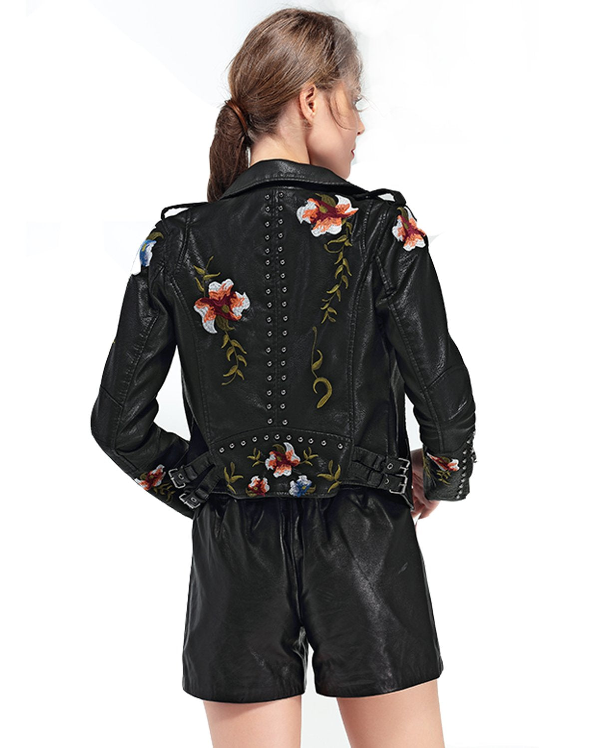 LY VAREY LIN Women's Floral Embroidered Faux Leather Moto PU Jacket Coat (L, Black)