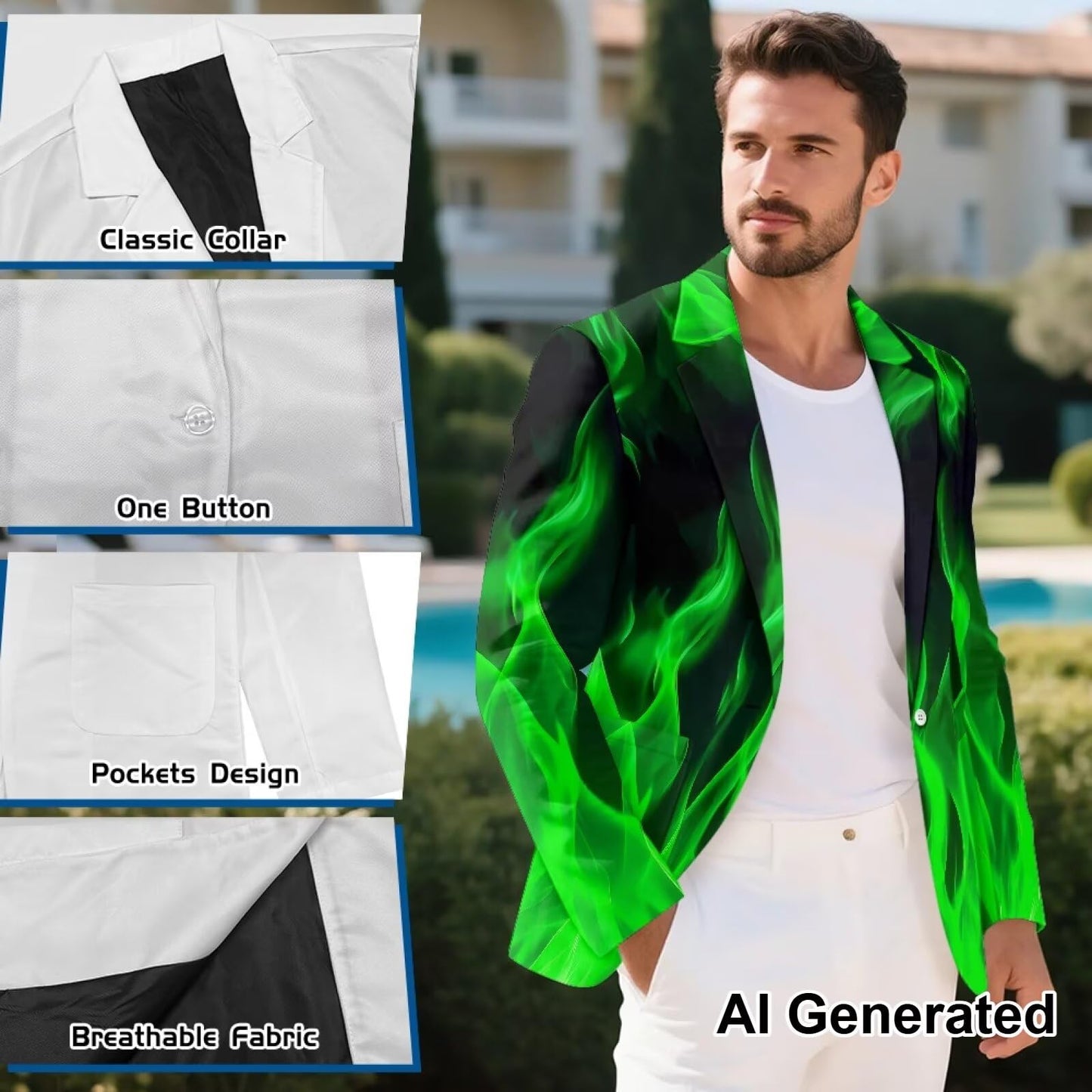 Zarisguat Green Fire Flame Men's Dress Party Suit Jacket Notched Lapel Slim Fit One Button Blazer Sport Coats Size M