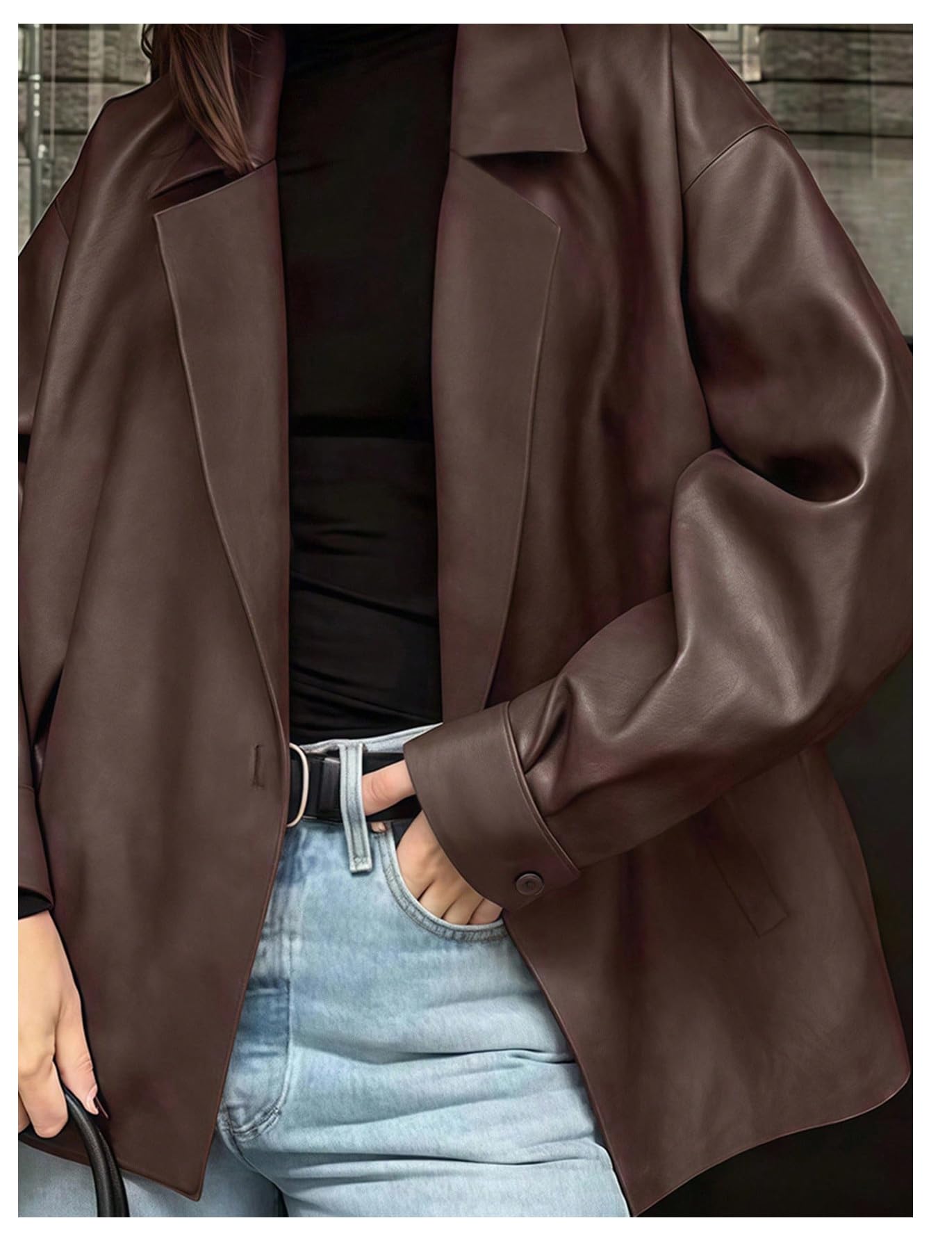 SHENHE Women's Faux Leather Lapel Collar Blazer Open Front Oversized Business Work Jacket Blazer Brown Small