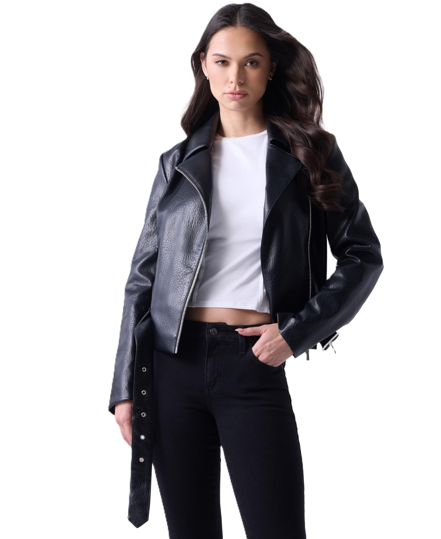 Guess Womens Ellie Belted Biker Jacket, Jet Black, Medium