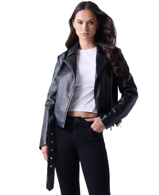 Guess Womens Ellie Belted Biker Jacket, Jet Black, Medium