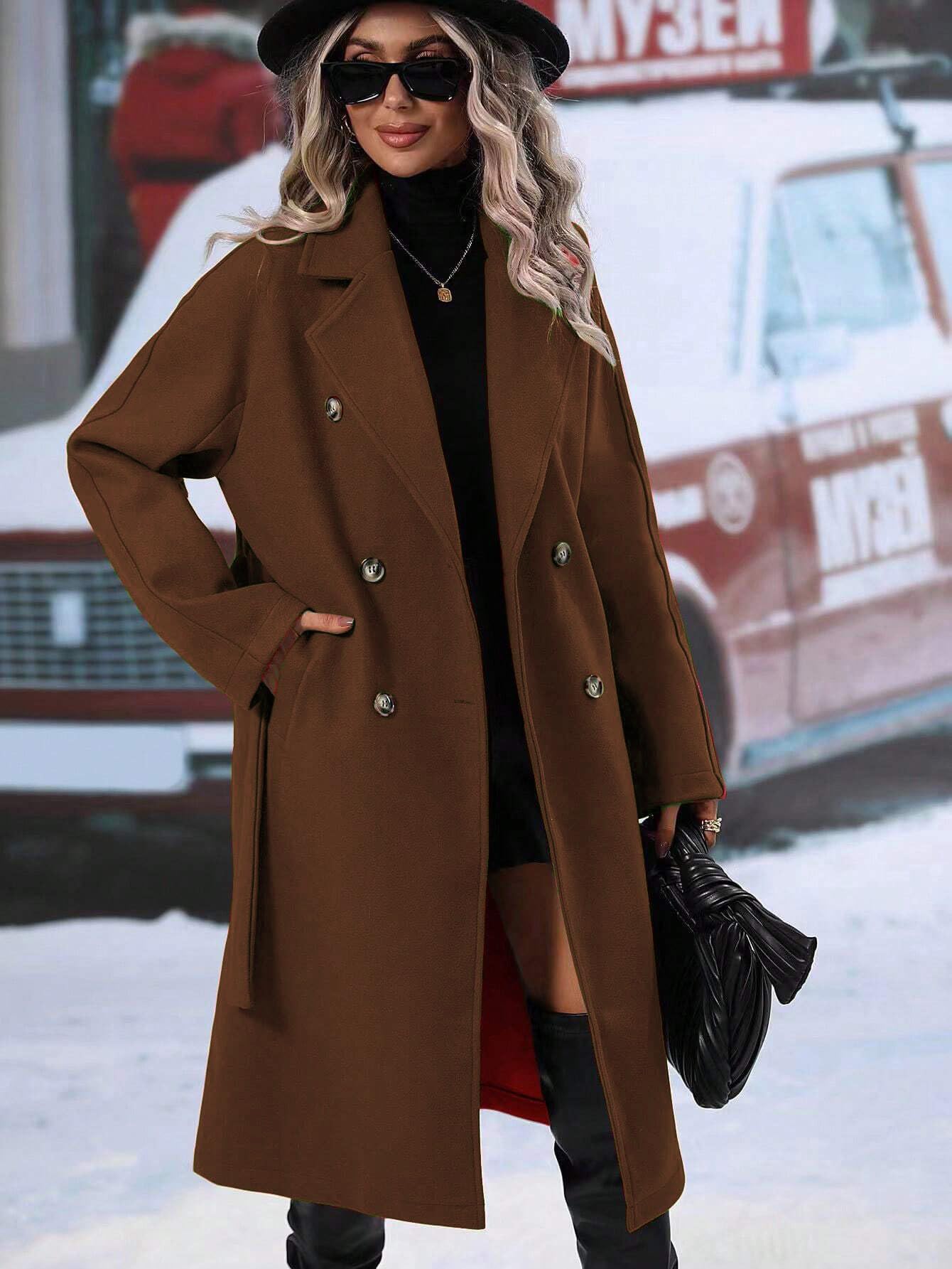 utcoco Womens Long Wool Pea Coat Notched Lapel Double Breasted Trench Coat Winter Warm Overcoat with Belt (Small, Brown)
