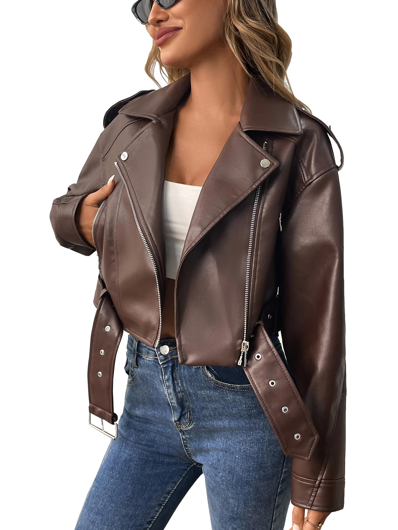 LY VAREY LIN Women Faux Leather Cropped Jacket Vegan Motor Biker Coat with Belt