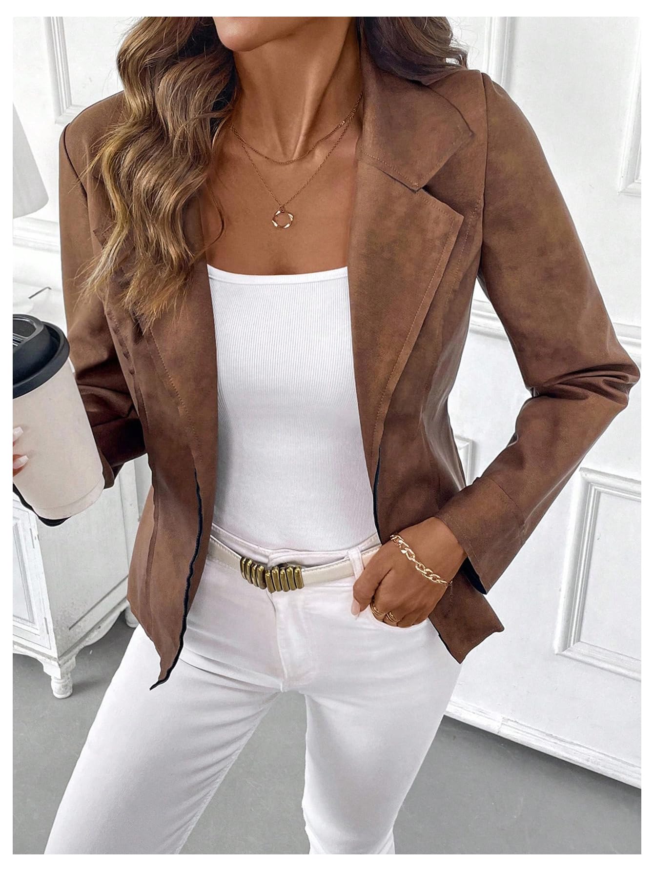 GORGLITTER Women's Going Out Jackets Outfits Faux Suede Jackets Trendy Long Sleeve Collar Leather Open Front Blazer Coat Brown Small