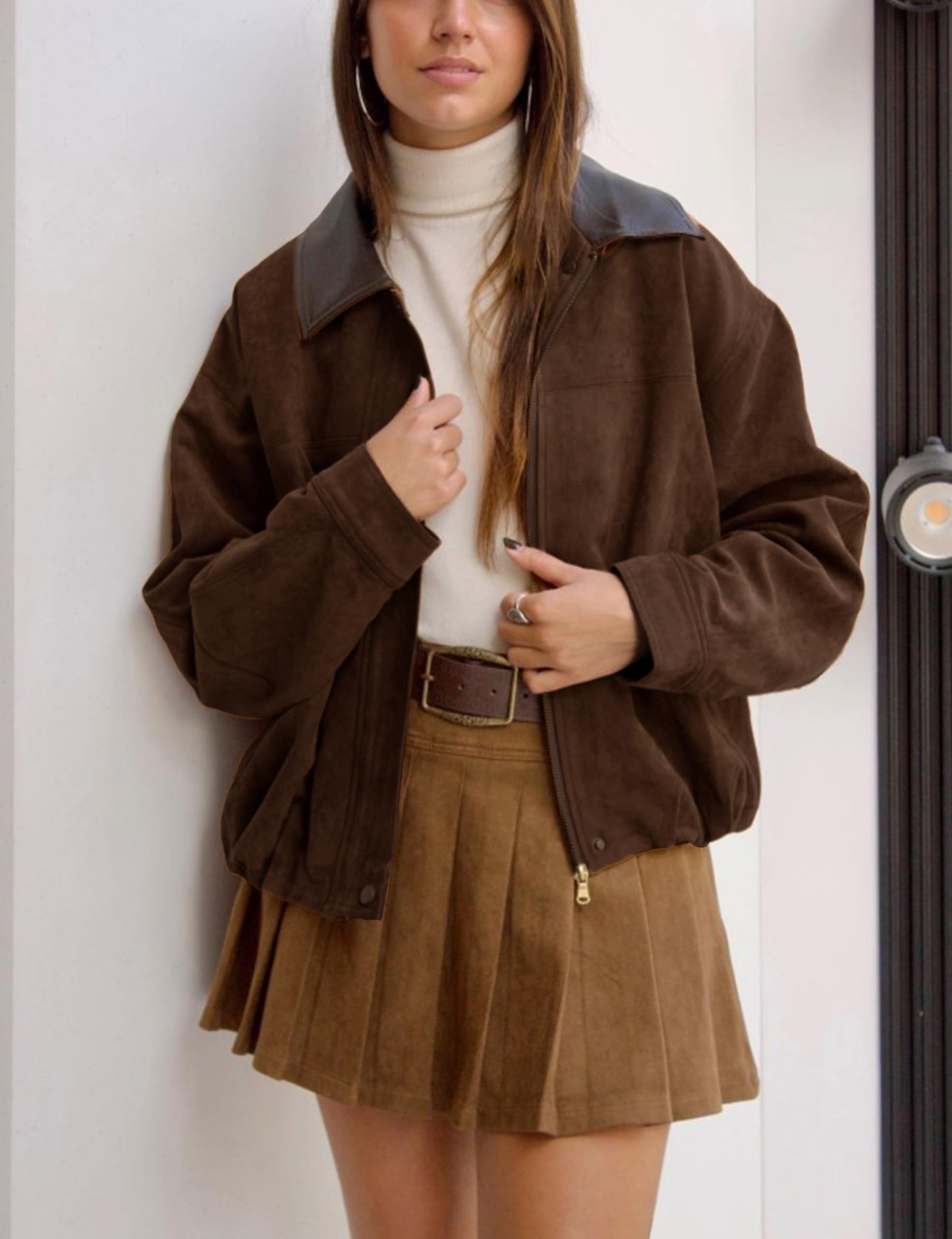 Tanming Womens Faux Suede Jacket Oversized Zip Up Bomber Jacket Lapel Collar Motorcycle Biker Pilot Coat Fall Spring Trendy Outerwear with Pockets(Coffee-L)