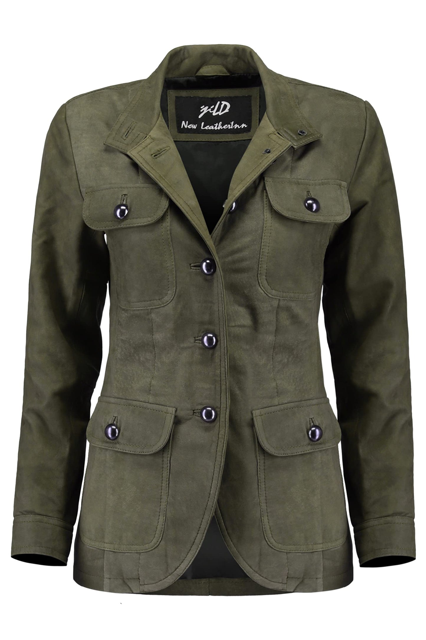 Jild Fancy 5-Button Four Pocket Double Back Slit Leather Blazer Women - Vintage Suede Look Cuff Sleeves Leather Jacket Women (ZC-Green-3XL)