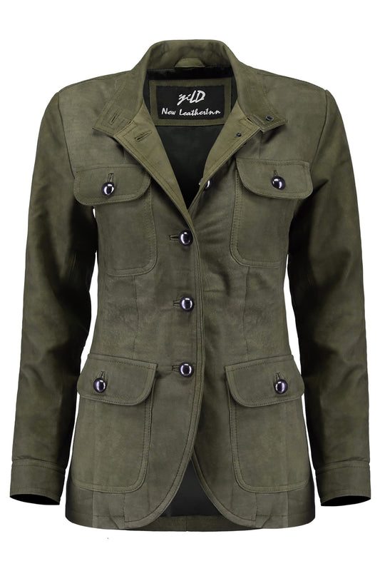 Jild Fancy 5-Button Four Pocket Double Back Slit Leather Blazer Women - Vintage Suede Look Cuff Sleeves Leather Jacket Women (ZC-Green-3XL)