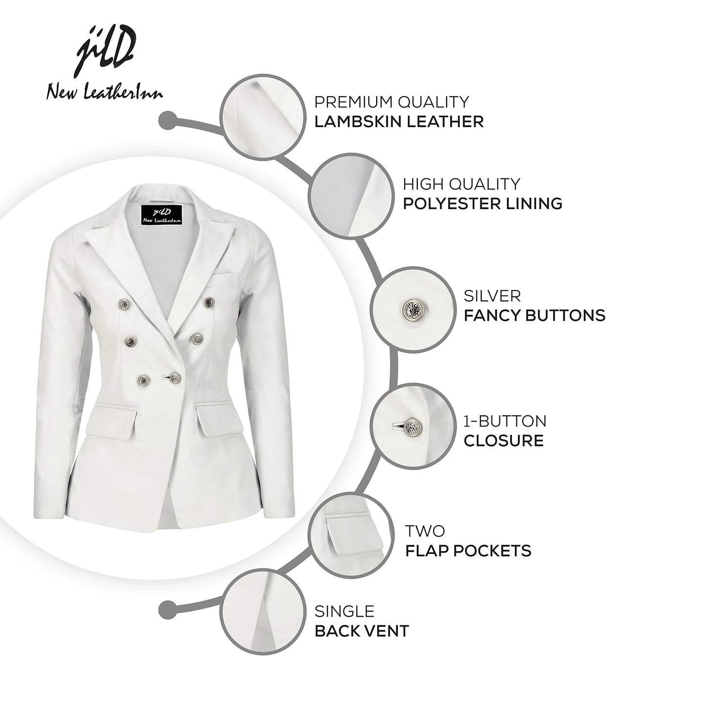 Jild Double Breasted Fancy Buttons Lambskin Leather Blazer Women - Kim Kardashian Long Sleeve Coat Style Leather Jacket Women (FC-White-XXL)