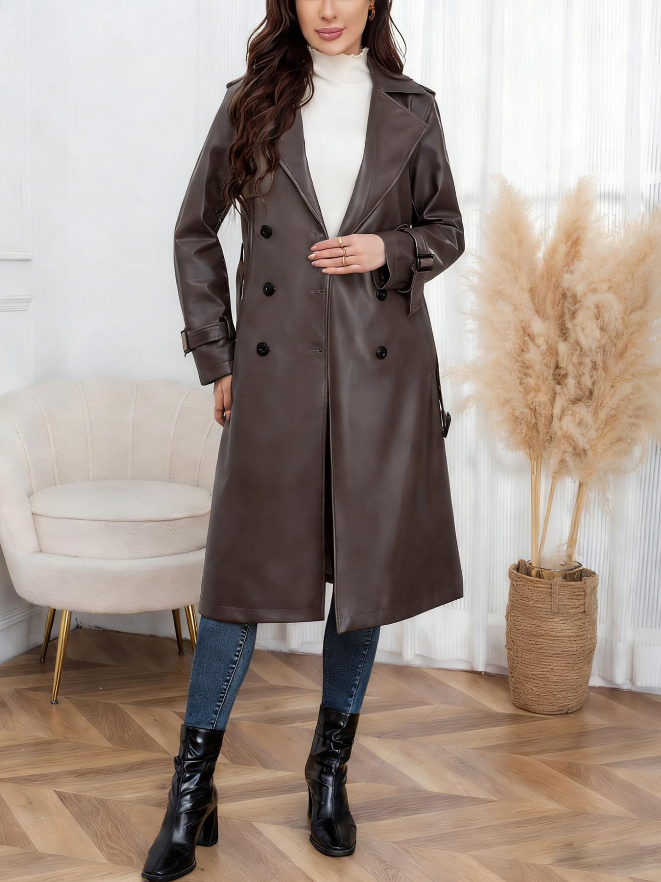 utcoco Women's Faux Leather Trench Coat Double Breasted Belted High Waist Long PU Leather Jacket Fall Winter Outerwear (Medium, Brown)