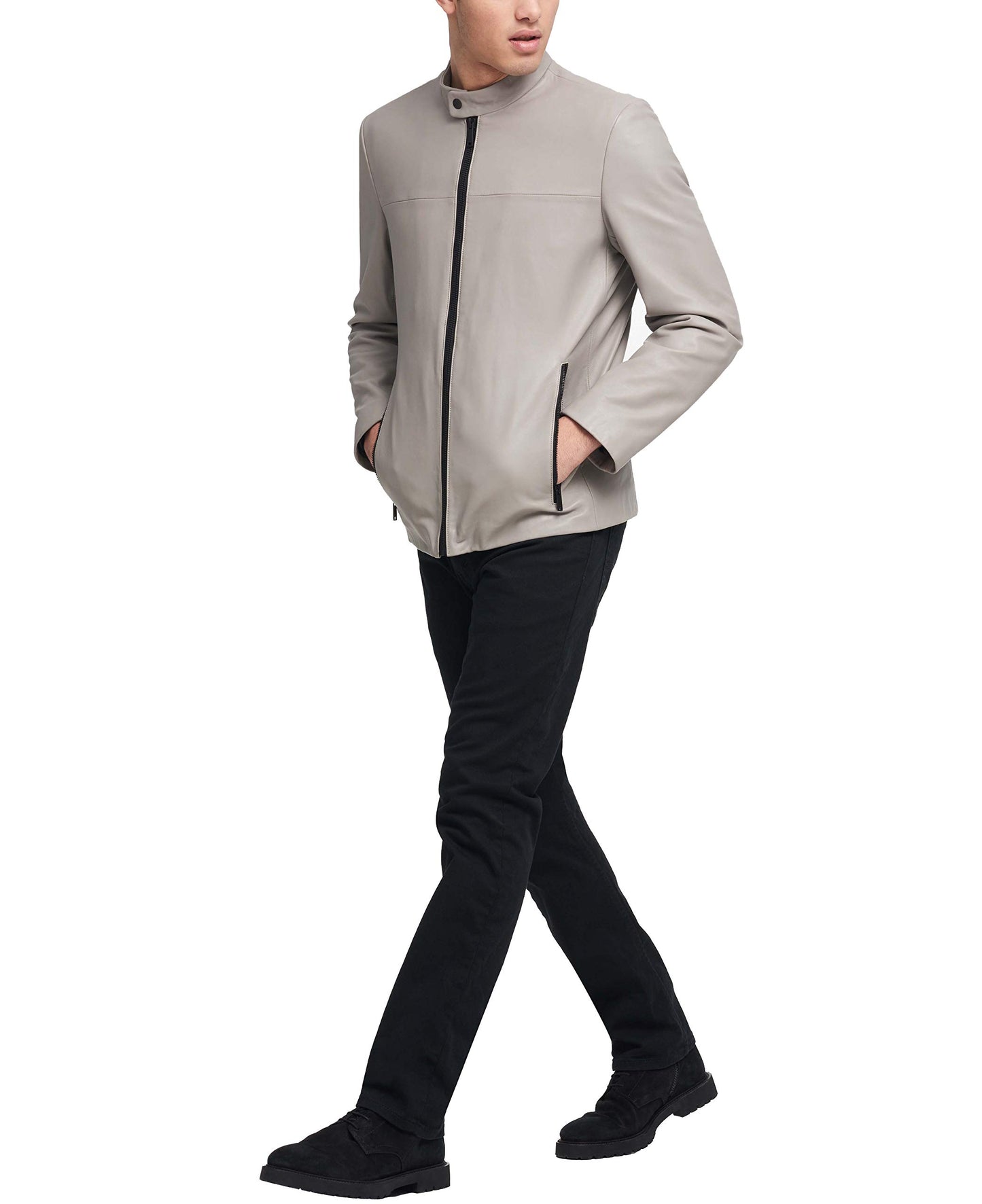 DKNY Men's Modern Lamb Leather Racer Jacket, Elephant, XX-Large