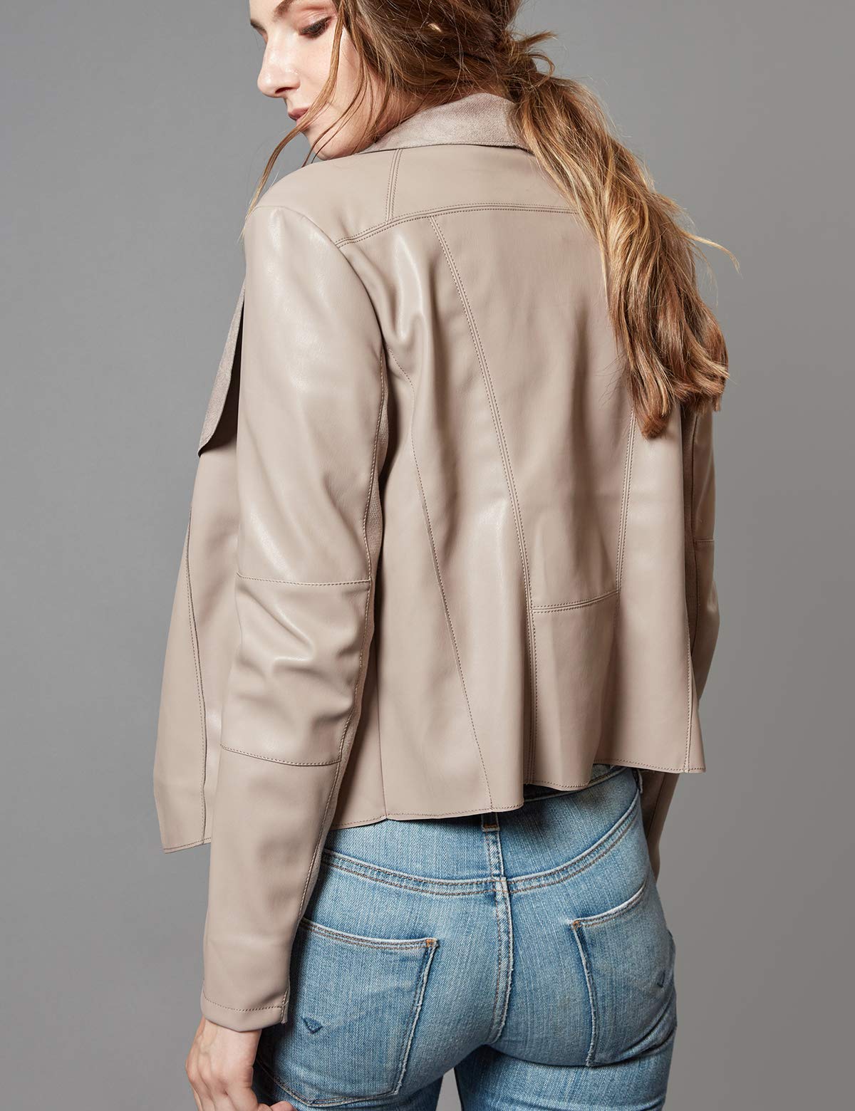 Escalier Women's Faux Leather Jackets Slim Open Front Lapel Blazer Jackets Khaki Large