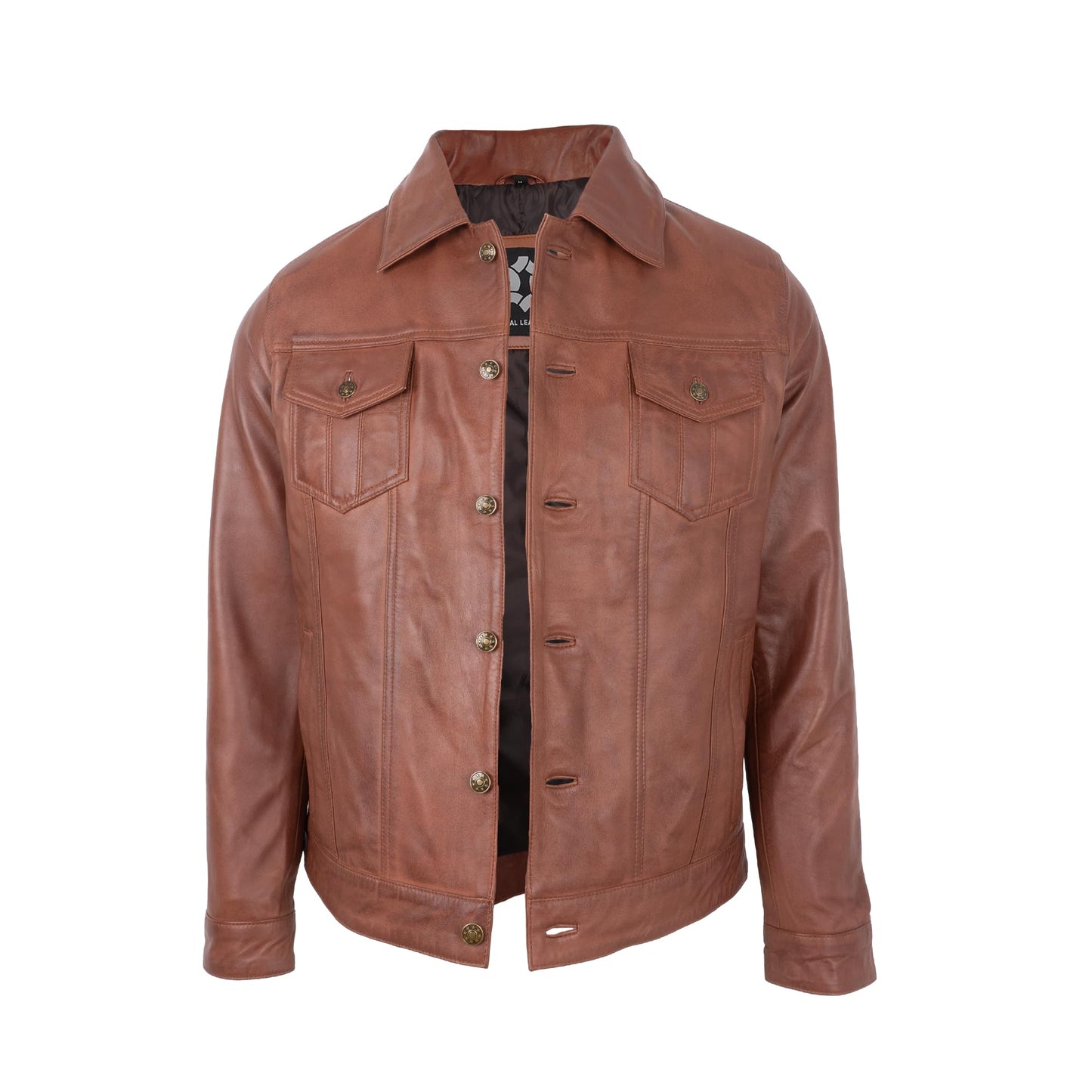 UrbanFocal Mens Brown Leather Jacket - Real Lambskin Classic Trucker Leather Jackets Men | [101002505] F.Trucker Cognac, XL